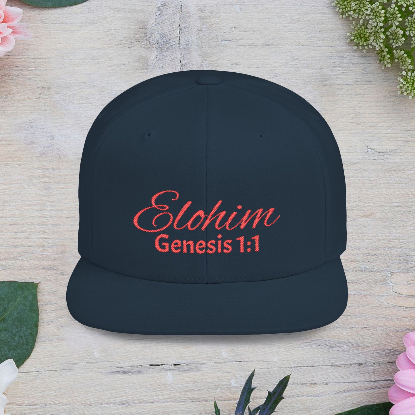 Red Embroidery 'ELOHIM, GENESIS 1:1' Flat Bill Snapback Hat, Stylish Cap for Everyday Wear, Church Events, Gift for Him/Her, Streetwear Accessory, Casual Fashion