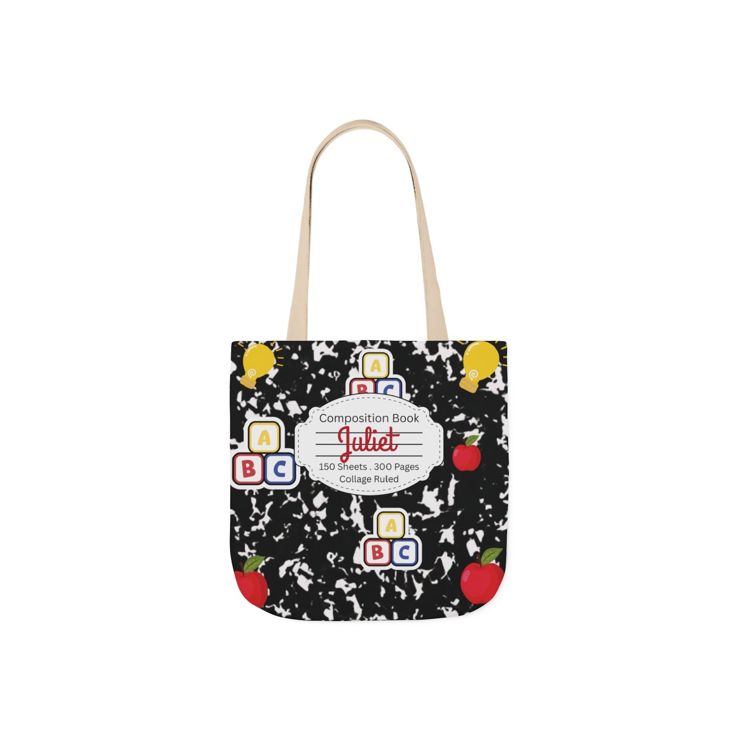 Personalized Black Composition Book Inspired Canvas Tote Bag with Colorful Straps, Cute School Bag, Eco-Friendly Tote, Back to School Shopping Bag, Teacher Gift Idea