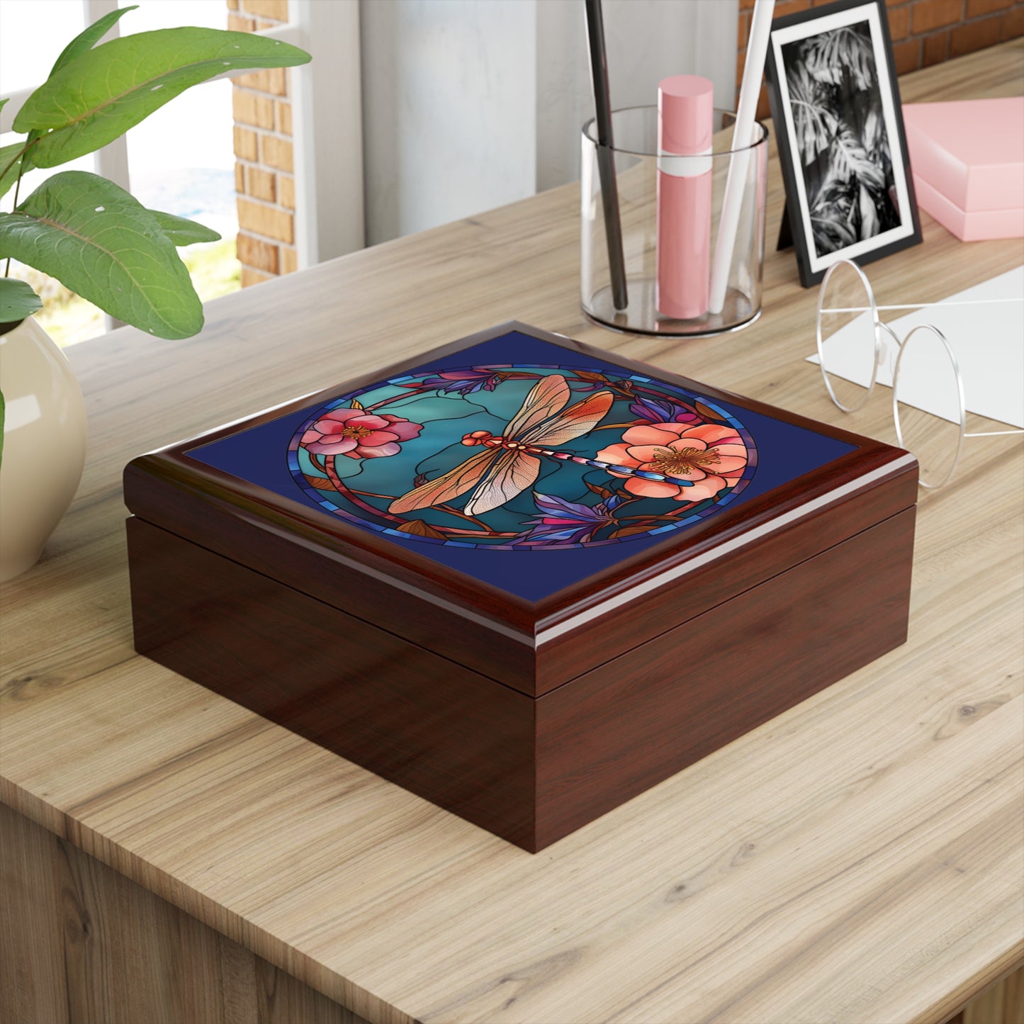 Dragonfly Stained Glass Jewelry Box — Floral Keepsake Storage