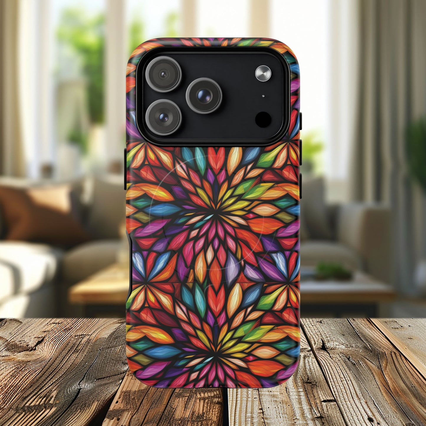 Prism Bloom Tough iPhone Magnetic Case, Stained Glass  MagSafe Cases, iPhone Accessory, Floral Design, Unique Gift, iPhone Protection