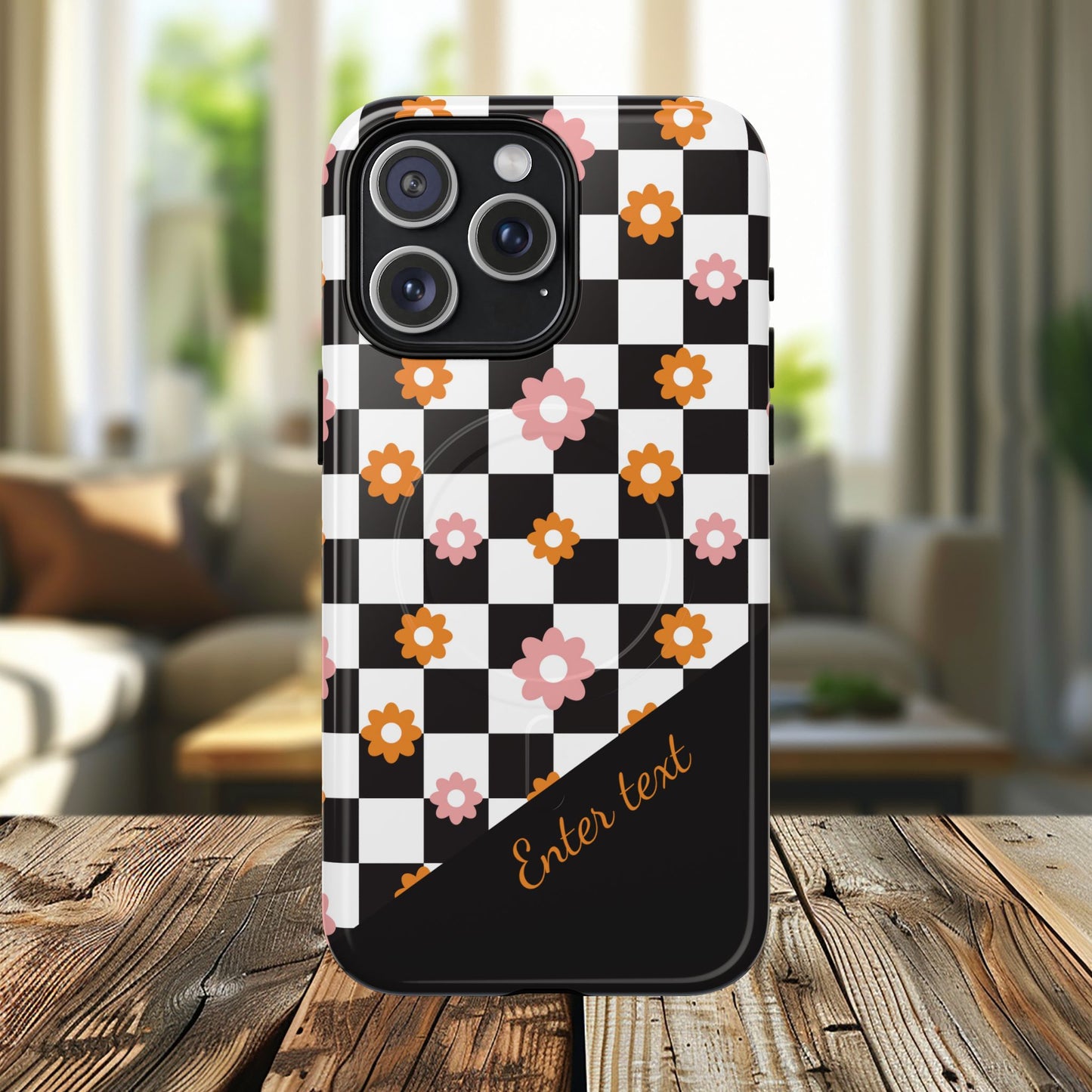 Groovy Checkered Bloom iPhone Case, Tough Magnetic Cases for Women, Stylish iPhone Cover, Trendy Floral Print, Gift for Her, Everyday Accessories