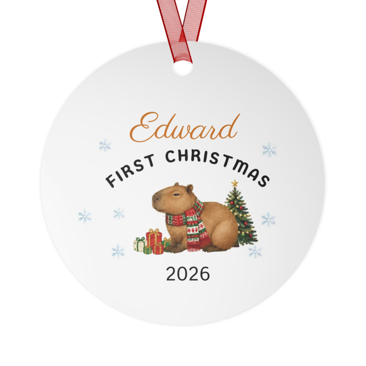Personalized Capybara First Christmas Metal Ornament —2026 Holiday Keepsake