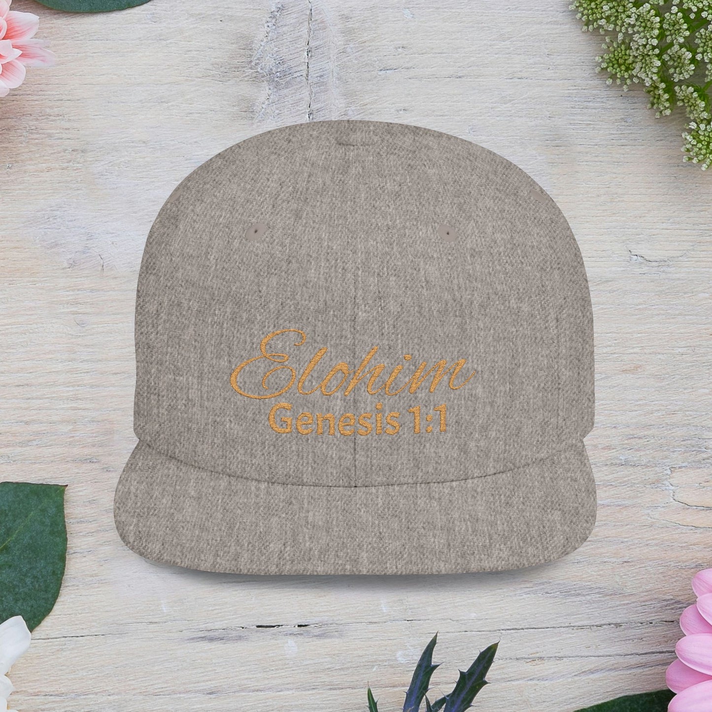 Brown Script 'Elohim' Snapback Cap - Faith-Inspired Flat Bill Hat, Baseball Hat, Perfect for Gifts, Daily Wear, Spiritual Events