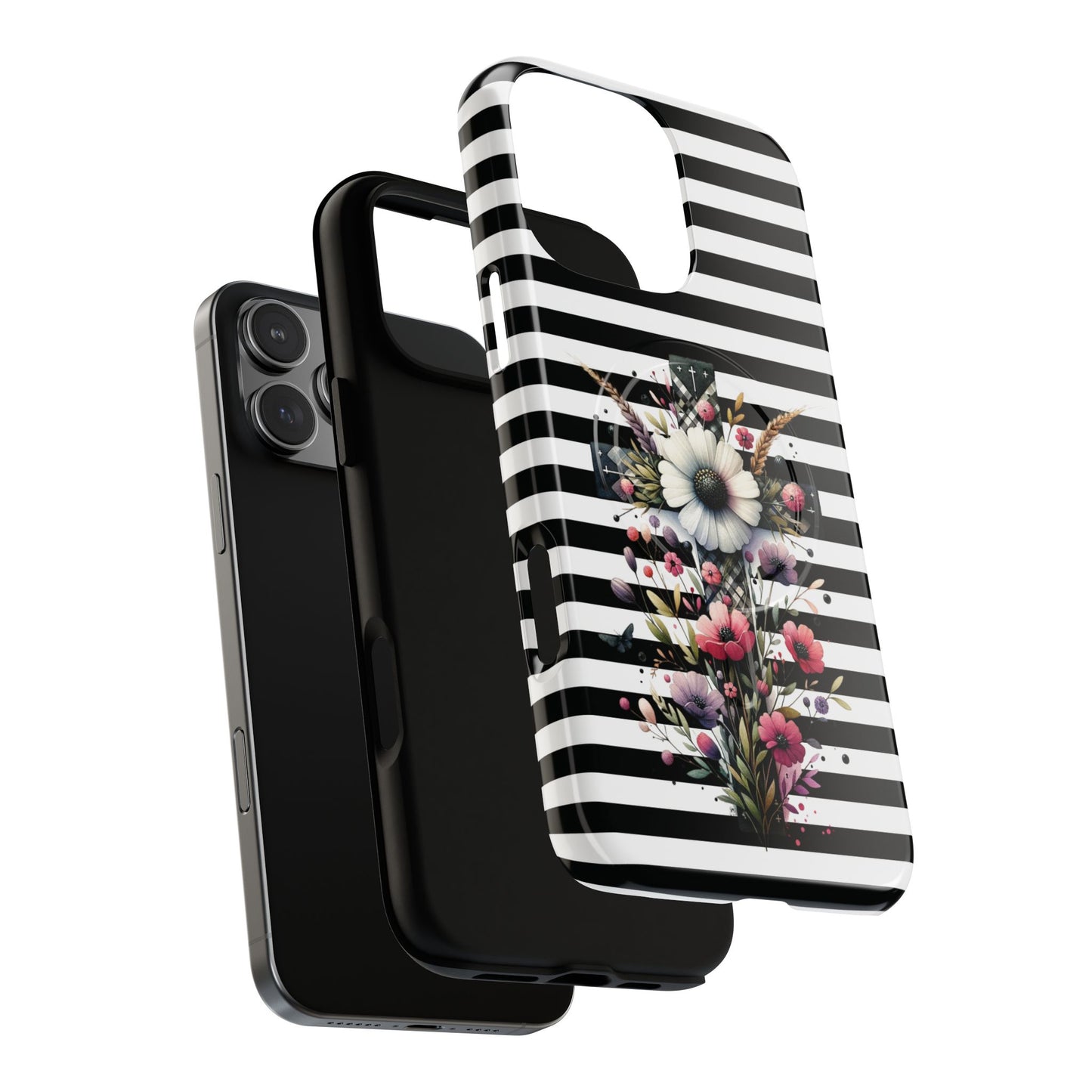 Faith in Bloom Tough iPhone Magnetic Case, iPhone Accessories, Floral iPhone Cover, Durable Cases for Gifts, Black and White Stripes