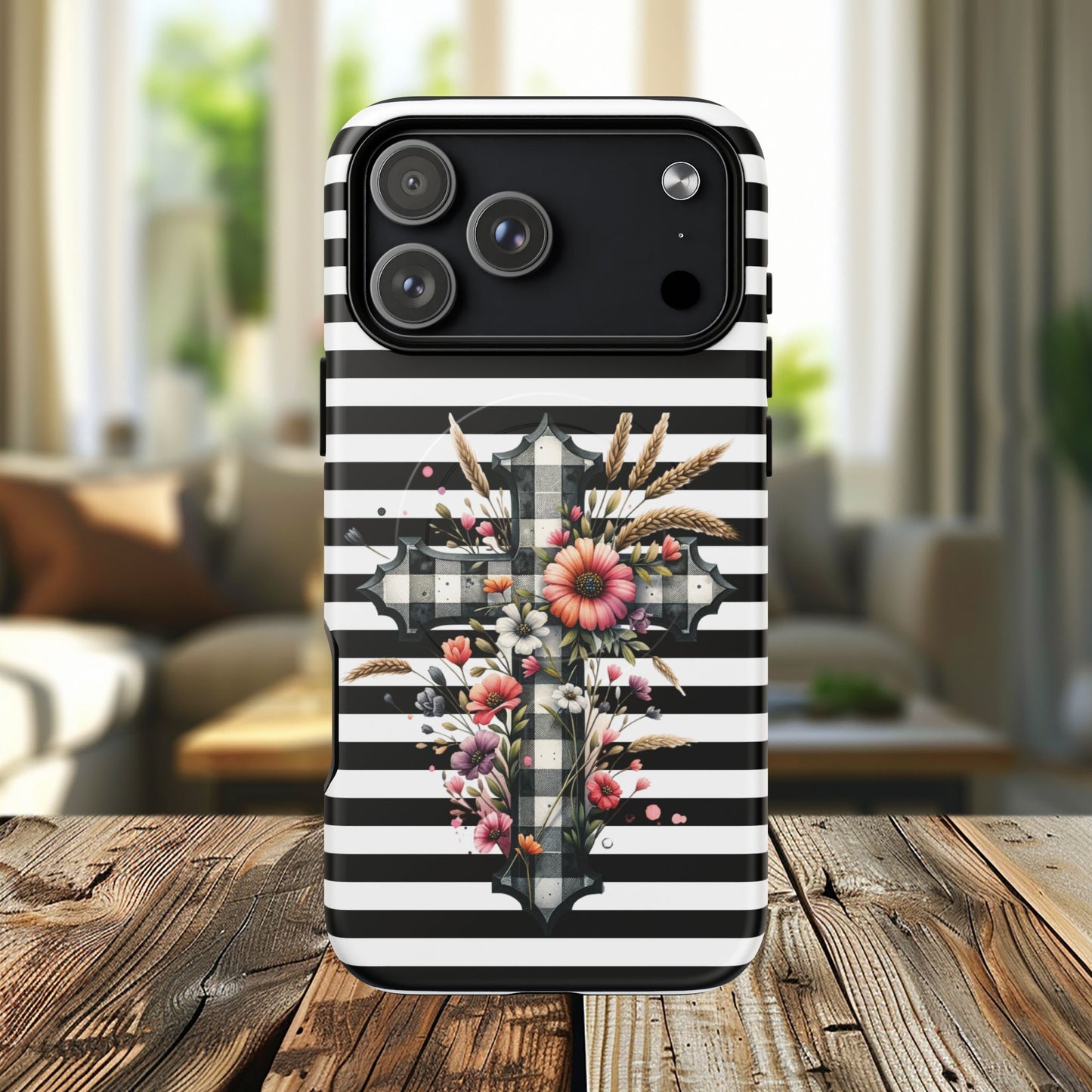 Grace in Bloom Tough Magnetic iPhone Case with Floral Cross Design, Boho iPhone Cover, Striped iPhone Case, Unique Religious Gift, Trendy Cell iPhone Accessory.