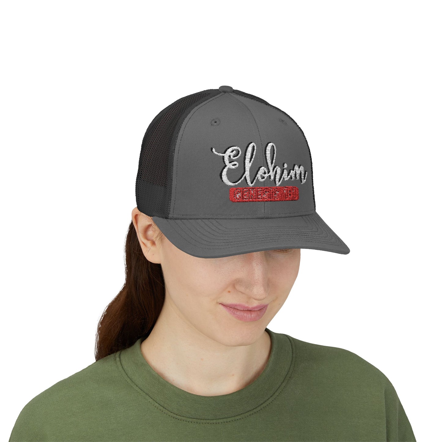 Script Embroidery ''Elohim'' Faith Snapback Trucker Cap - Religious Hat, Stylish Accessory, Gift for Believers, Casual Wear, Outdoor Events, Faith-Based, Name of GOD.