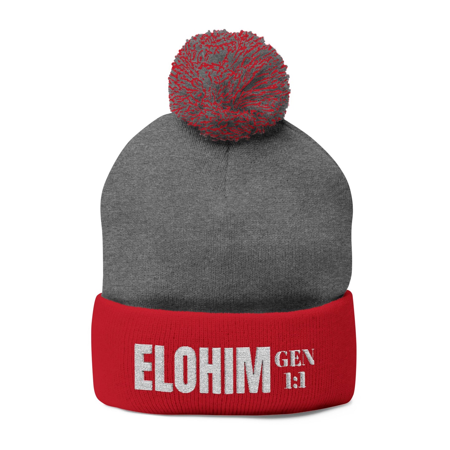 Pom-Pom Knit Cap with 'ELOHIM, GENESIS 1:1'  Embroidery Beanie - Stylish Winter Accessory for All Ages, Perfect Gift for Birthdays, Holidays, and Outdoor Activities