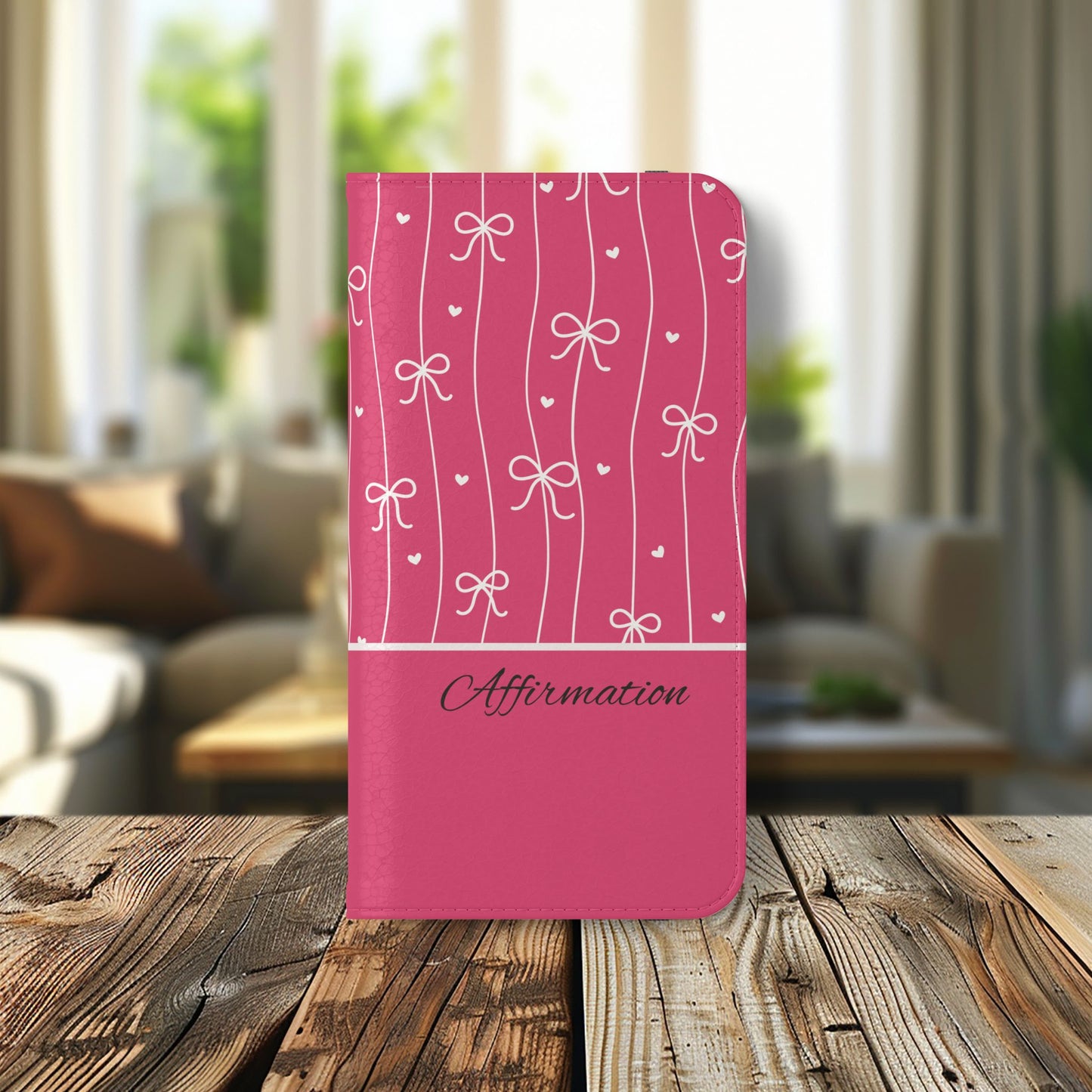Personalized Pink Bow Coquette Flip iPhone and Samsumg Case — Custom Name or Affirmation Wallet Cover