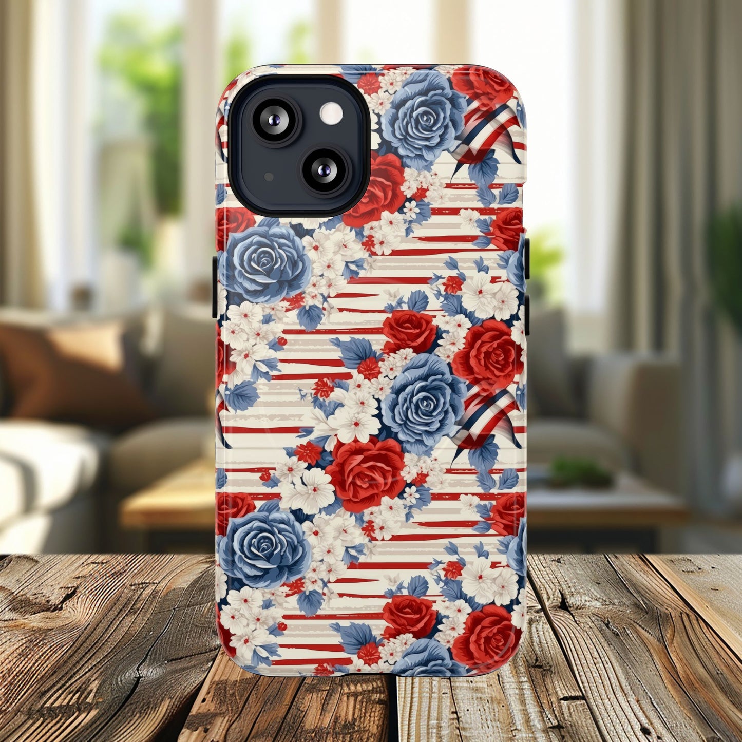 Floral Freedom Tough iPhone Magnetic Case, Red Blue Flower Design,  iPhone MagSafe® compatibility Cover, Best Gift for Her, Holiday Present