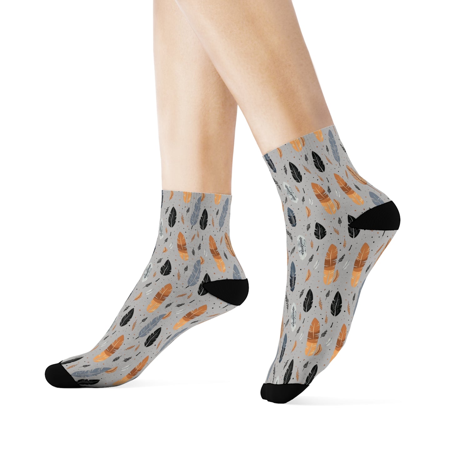 Whispering Feathers Grey Crew Socks - Soft & Elastic Polyester/Spandex Blend - One Size Fits All