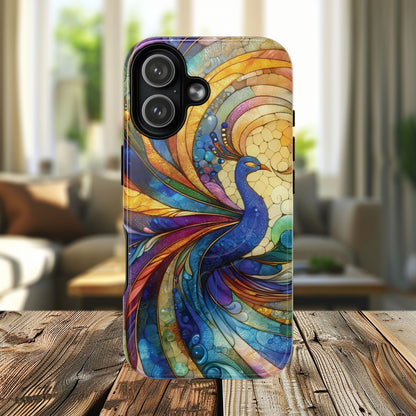 Mosaic Peacock Feathers Magnetic Phone Case, Tough Phone Shell, Vibrant Art Case, Gift for Her, Unique Phone Accessory, Wildlife Lover's Gift, Stained Glass Case.