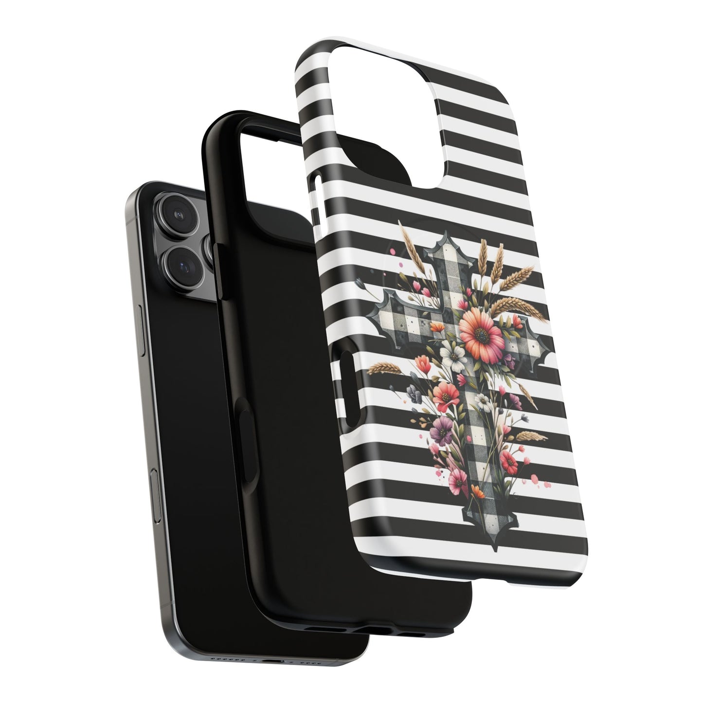 Grace in Bloom Tough Magnetic iPhone Case with Floral Cross Design, Boho iPhone Cover, Striped iPhone Case, Unique Religious Gift, Trendy Cell iPhone Accessory.