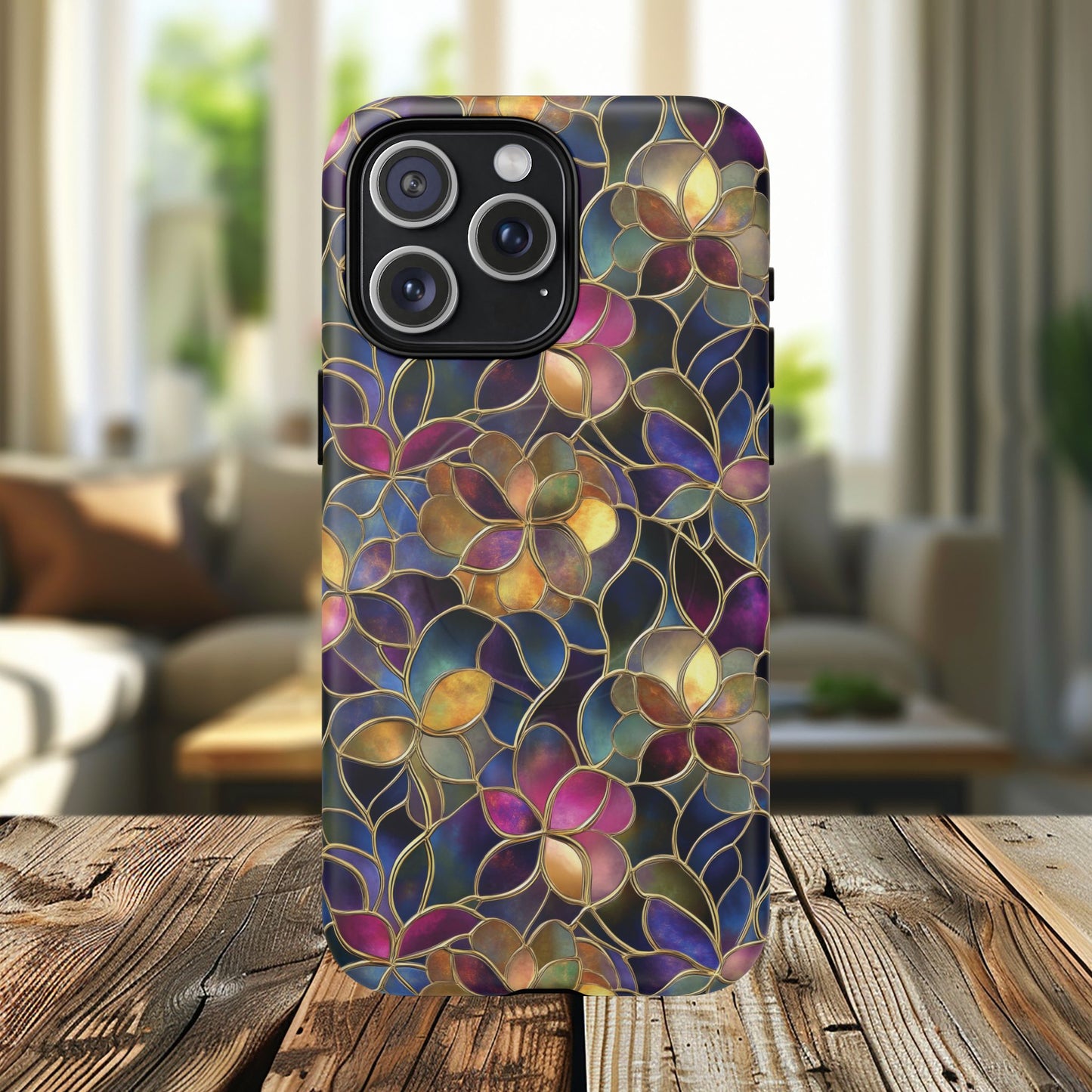 Chromatic Bloom Tough iPhone Magnetic Case, Tough iPhone Cover, Floral iPhone Accessory, Birthday Gift, Elegant Tech Decor, MagSafe Stained Glass Pattern.