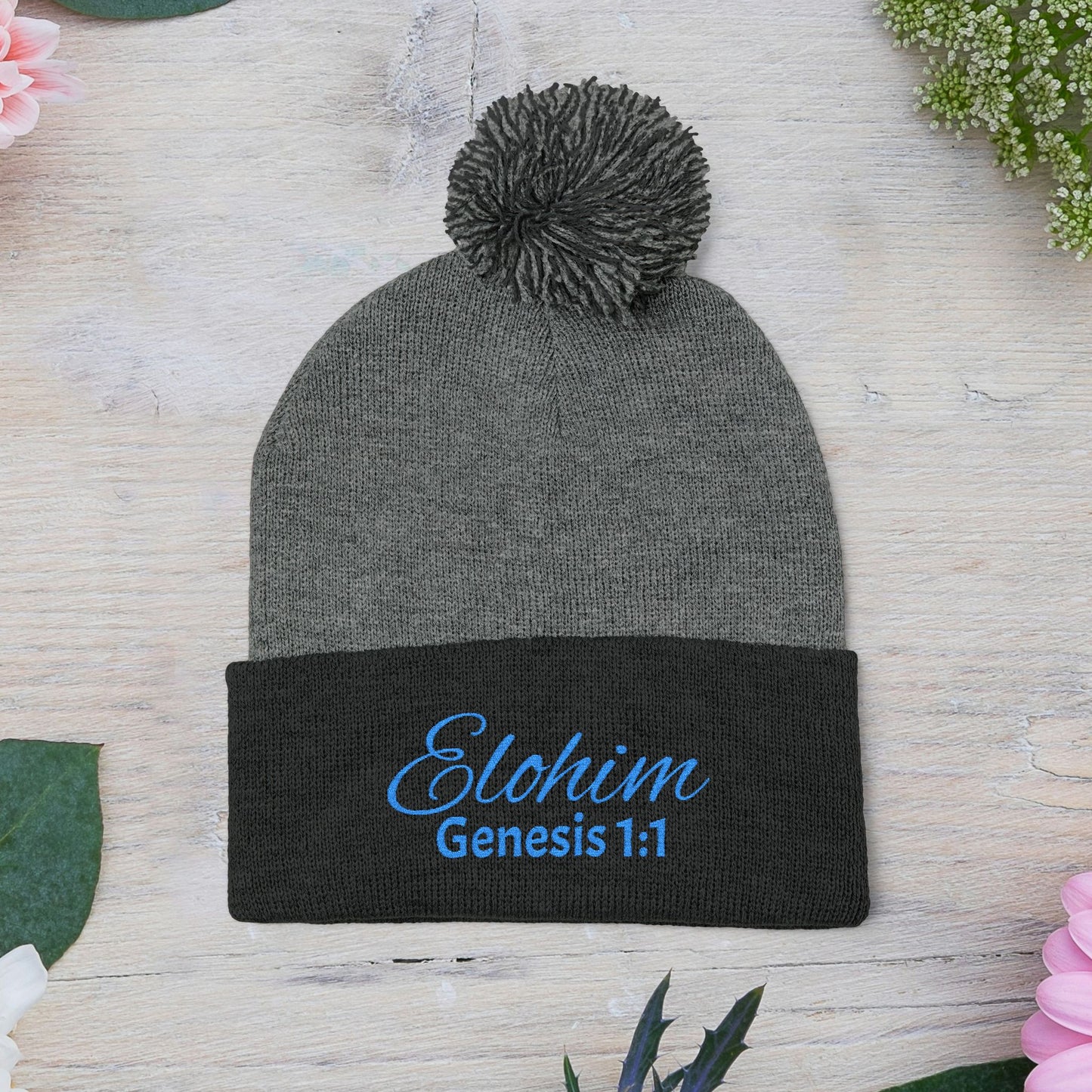 Pom-Pom Knit Cap with 'ELOHIM, GENESIS 1:1'  Embroidery Beanie - Stylish Winter Accessory for All Ages, Perfect Gift for Birthdays, Holidays, and Outdoor Activities