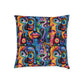 Psychedelic Visions Vibrant Art Square Pillow - Colorful Faces Design on Pink Back