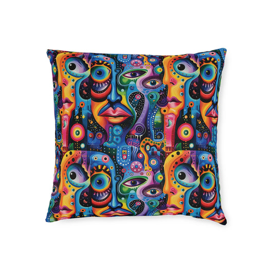 Psychedelic Visions Vibrant Art Square Pillow - Colorful Faces Design on Pink Back