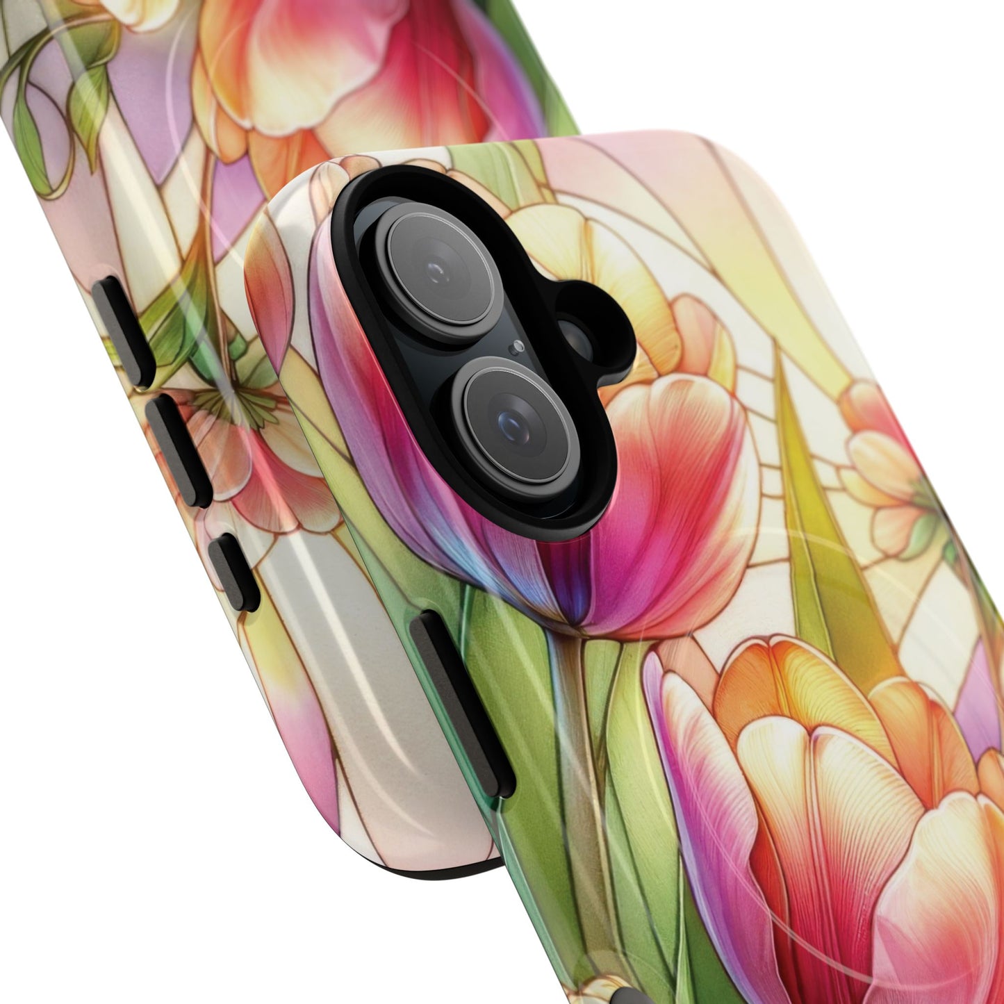 Tulip Glow Tough iPhone Magnetic Case, Floral Design, Spring Gift, Durable Protection, Smartphone Accessories, MagSafe Accessories, Stained Glass Tulip Gift