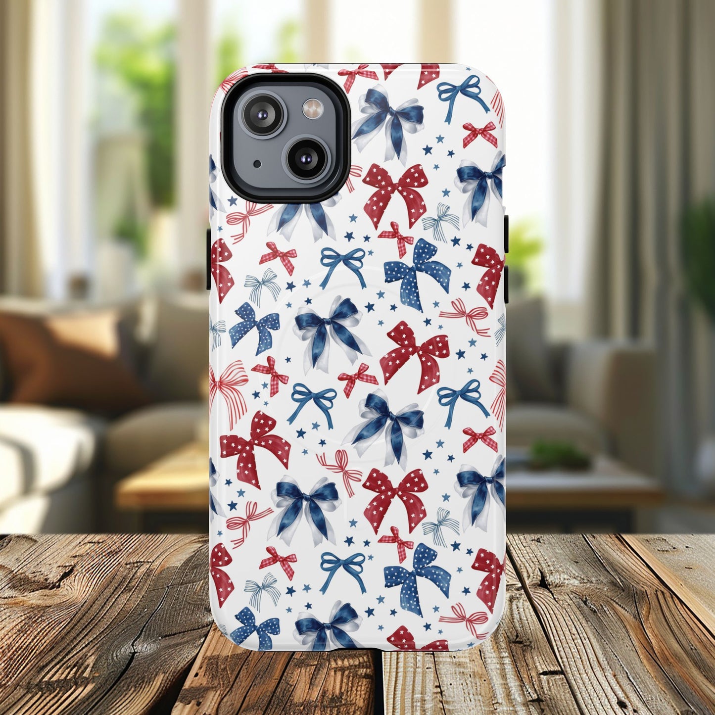 Patriotic Coquette Tough iPhone Magnetic Case, Stylish Gift for Her, Summer Celebrations, Cute Bow Design
