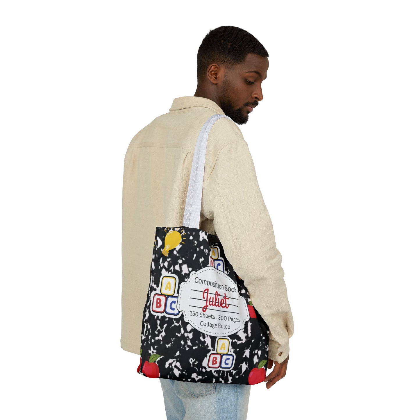 Personalized Black Composition Book Inspired Canvas Tote Bag with Colorful Straps, Cute School Bag, Eco-Friendly Tote, Back to School Shopping Bag, Teacher Gift Idea