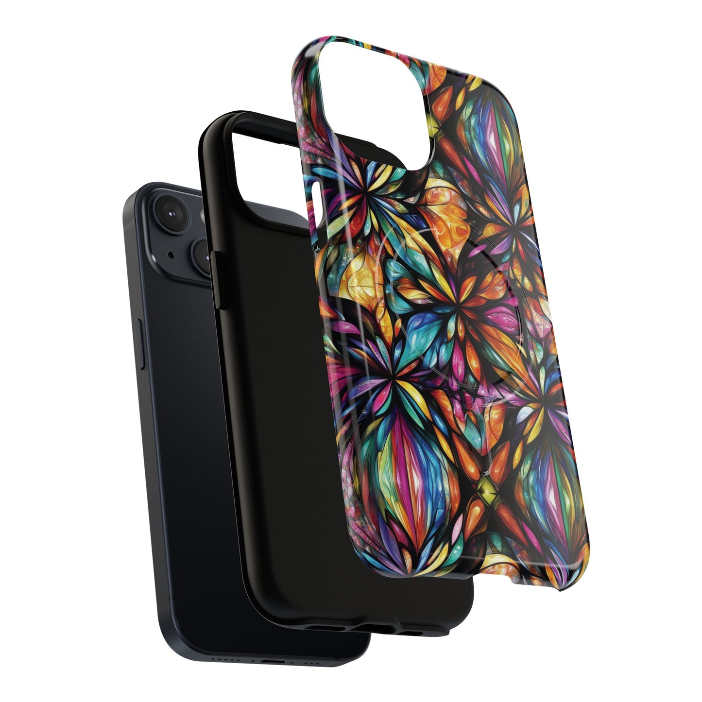 Luminous Whirl Tough Magnetic iPhone Cases, Vibrant Protection, Unique Floral Print, Durable Cover, Gift for Tech Lovers, iPhone Accessory, Stained Glass iPhone Design.