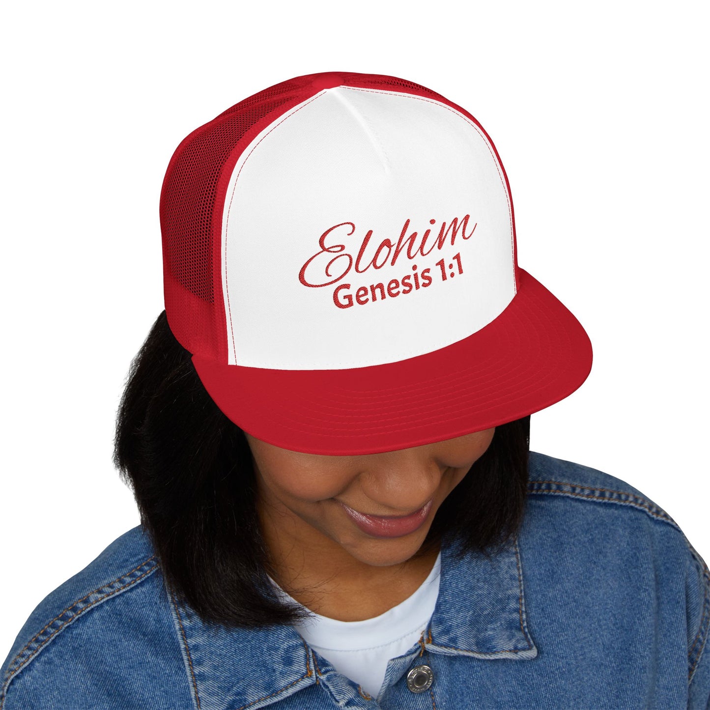 Red 'ELOHIM, GENESIS 1:1'  Embroidered 5 Panel Trucker Cap | Casual Style Hat, Adjustable, Unisex, Perfect Gift for Outdoors, Festivals, Daily Wear