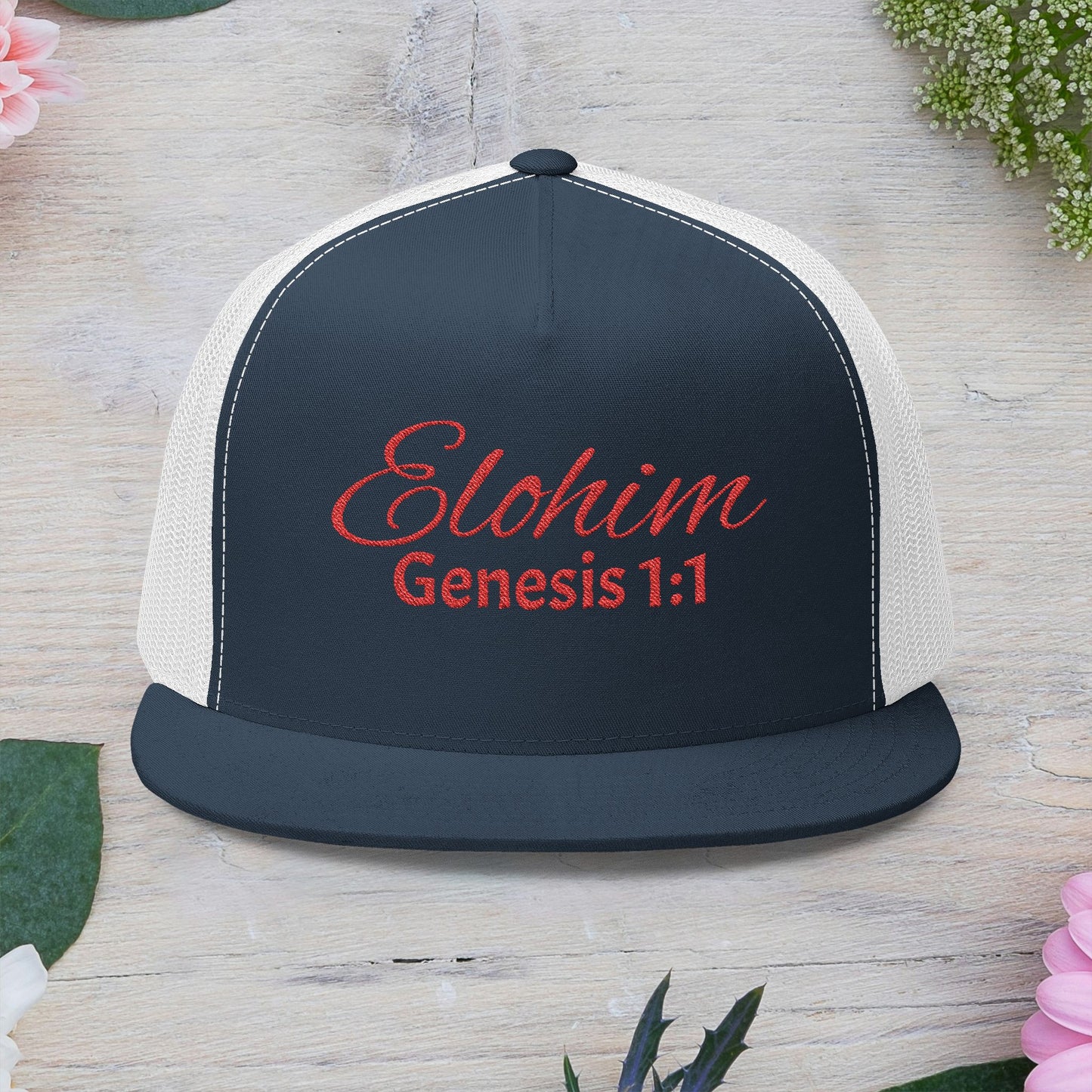 Red 'ELOHIM, GENESIS 1:1'  Embroidered 5 Panel Trucker Cap | Casual Style Hat, Adjustable, Unisex, Perfect Gift for Outdoors, Festivals, Daily Wear
