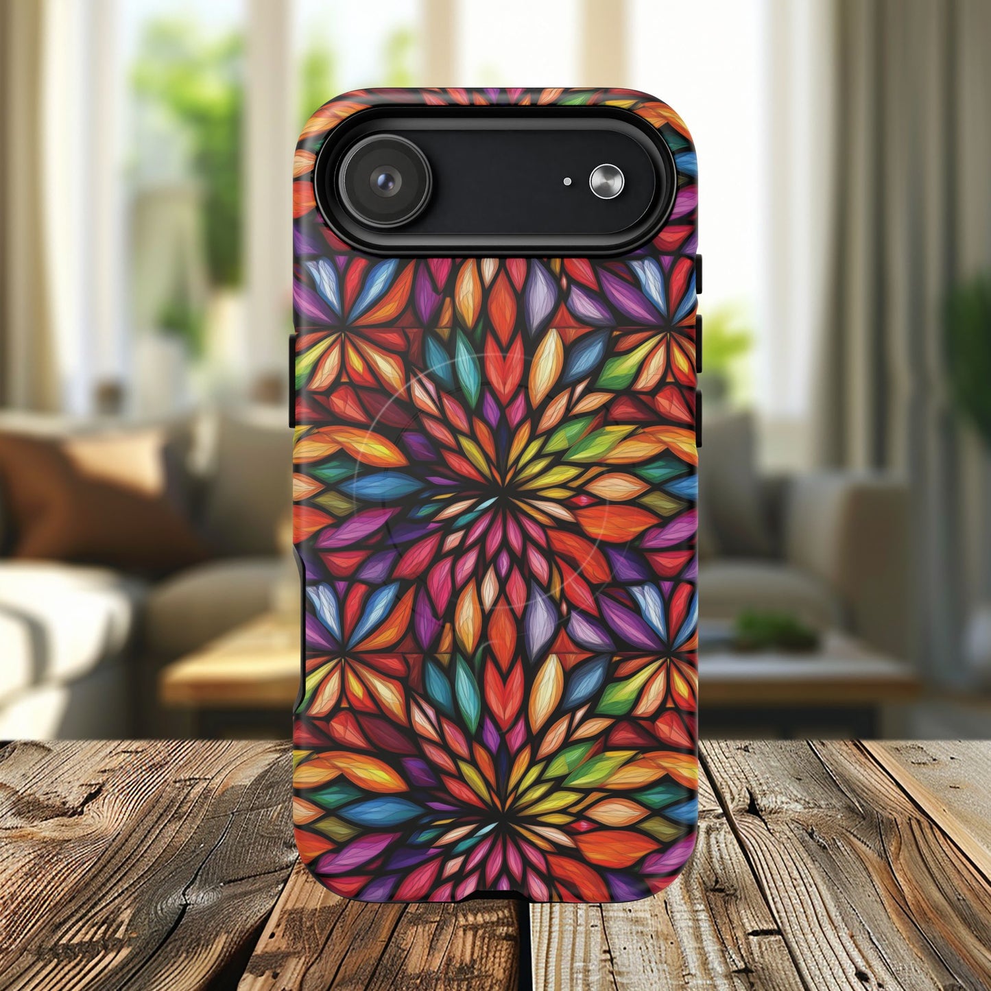 Prism Bloom Tough iPhone Magnetic Case, Stained Glass  MagSafe Cases, iPhone Accessory, Floral Design, Unique Gift, iPhone Protection