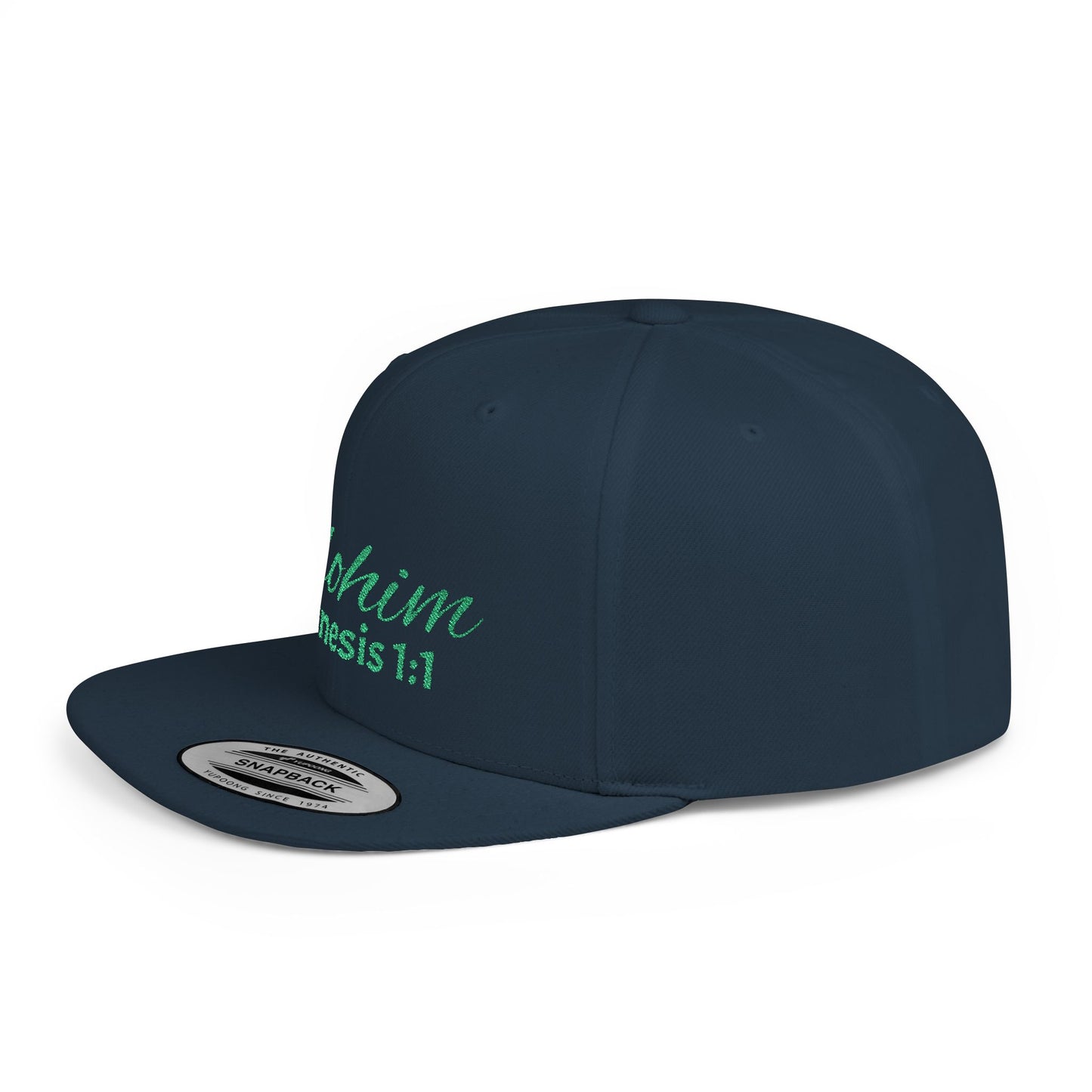 Green Elohim, Genesis 1:1 Snapback Cap - Faith-Inspired Flat Bill Hat, Baseball Hat, Perfect for Gifts, Daily Wear, Spiritual Events.