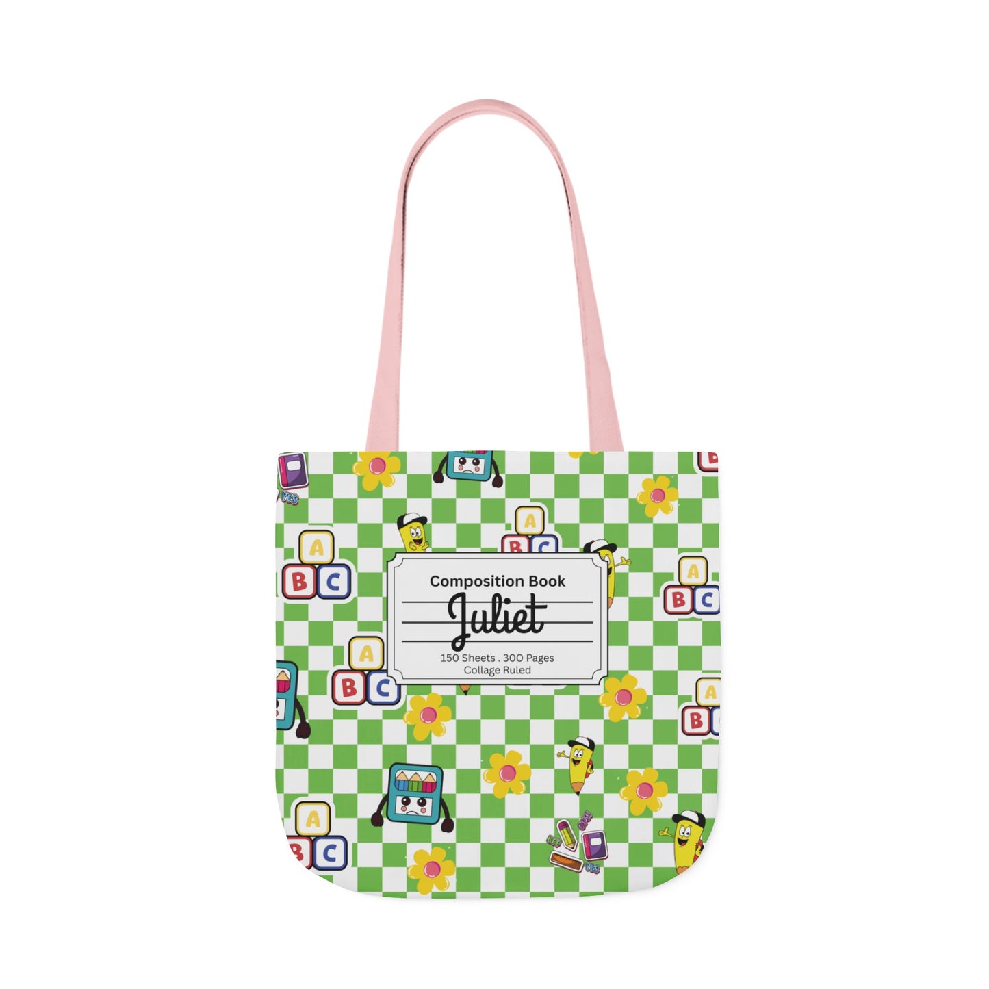 Personalized Green Schoolyard Chic Composition Book Inspired Canvas Tote Bag with Colorful Straps, Cute School Bag, Eco-Friendly Tote, Back to School Shopping Bag, Teacher Gift Idea