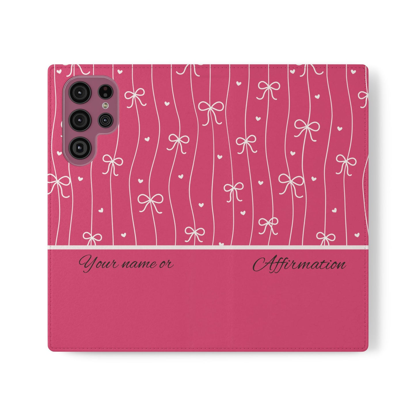 Personalized Pink Bow Coquette Flip iPhone and Samsumg Case — Custom Name or Affirmation Wallet Cover