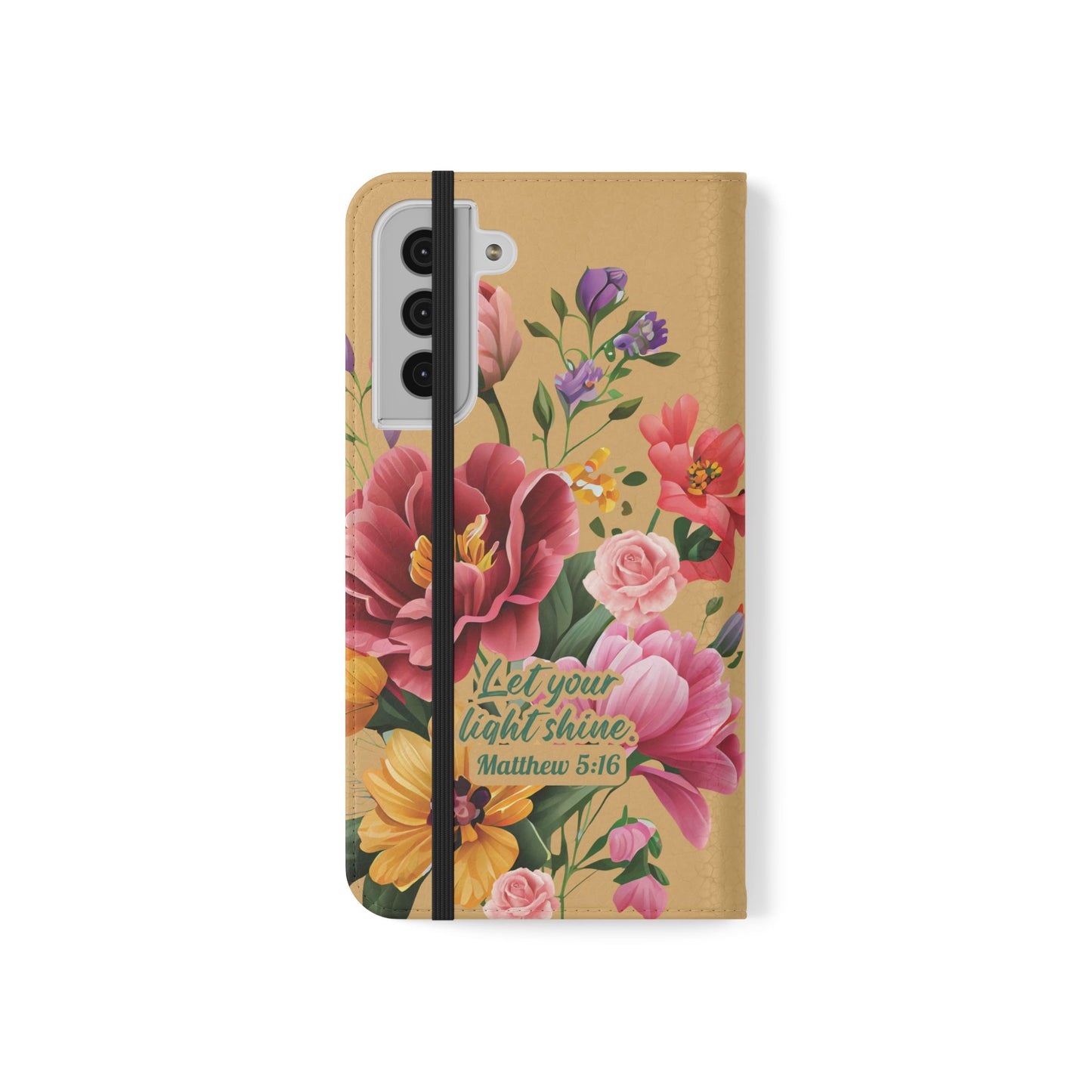 Floral Scripture Flip Case — "Let Your Light Shine" Wallet Phone Cover (Matthew 5:16)