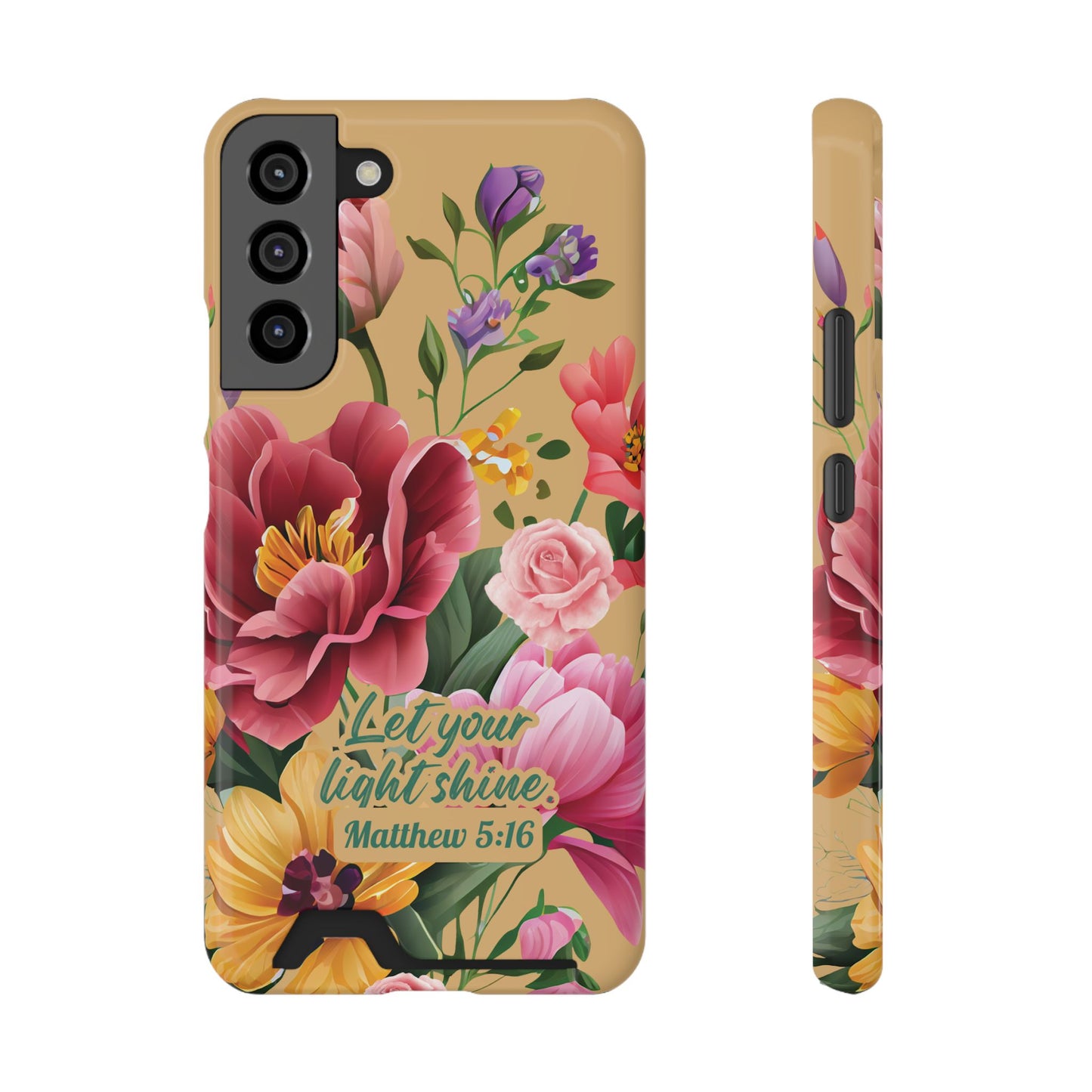 Floral Bible Verse Phone Case with Card Holder — "Let Your Light Shine" (Matthew 5:16)