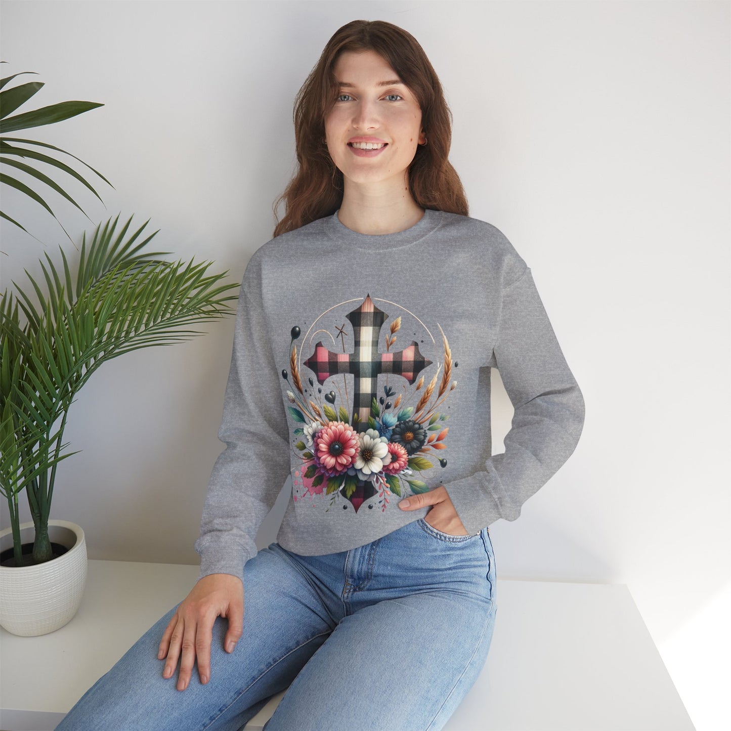 Faith and Floral Cross Unisex Heavy Gildan Blend™ Crewneck Sweatshirt.