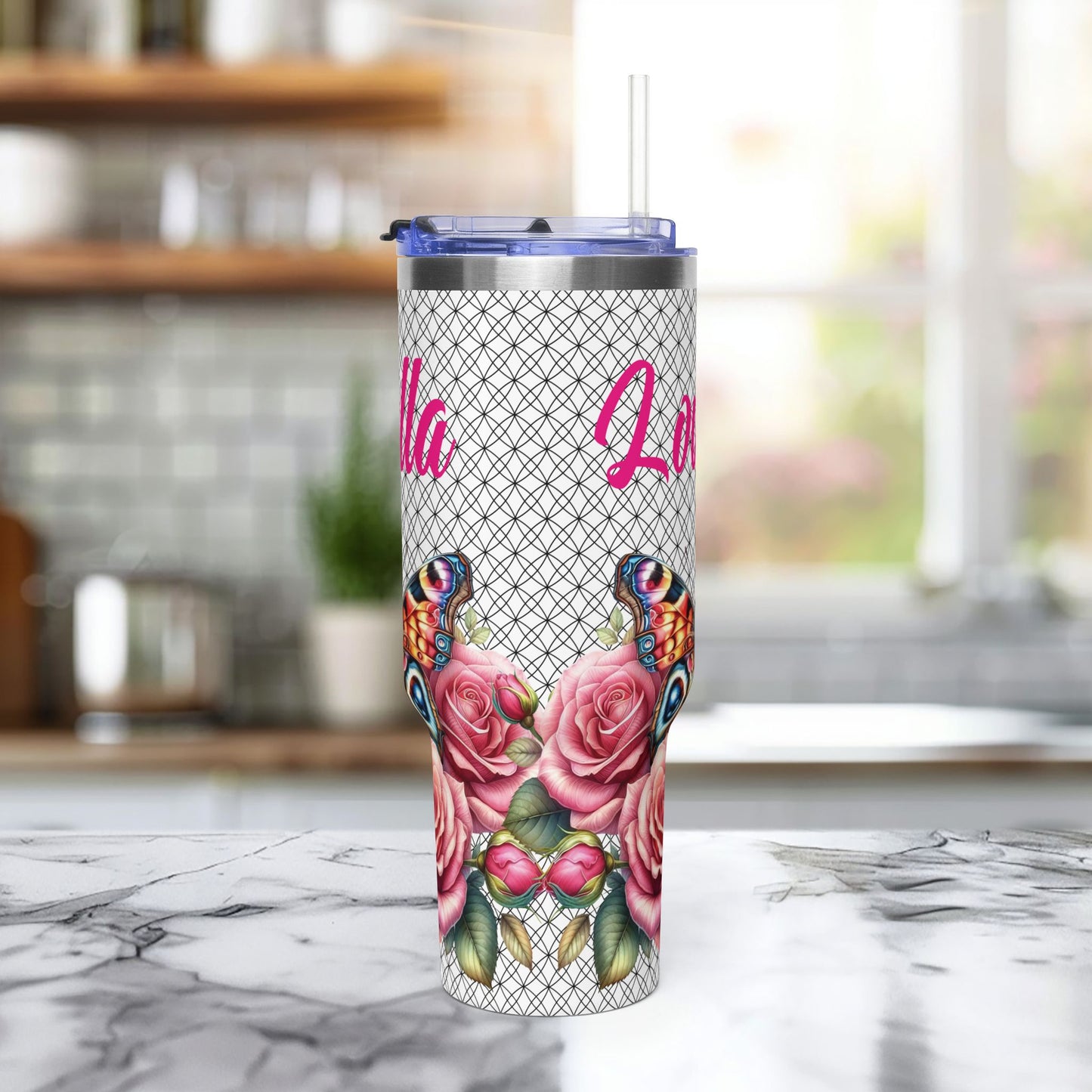 40oz Floral Butterfly Tumbler — Personalized "Name and Affirmation" Vacuum Insulated Cup