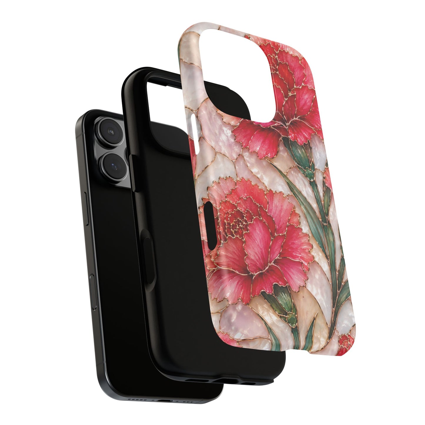 Stained Glass Effect Carnation Floral Tough Phone Case – Pink Vintage Botanical Protective Cover