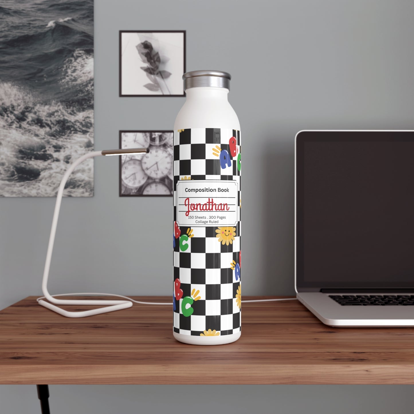 Personalized Schoolyard Chic Composition Book Inspired Slim Water Bottle, Customizable Drinkware, Eco-Friendly Hydration Bottle, Perfect for Gifts, School Supplies, Back to School