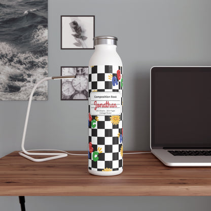 Personalized Schoolyard Chic Composition Book Inspired Slim Water Bottle, Customizable Drinkware, Eco-Friendly Hydration Bottle, Perfect for Gifts, School Supplies, Back to School