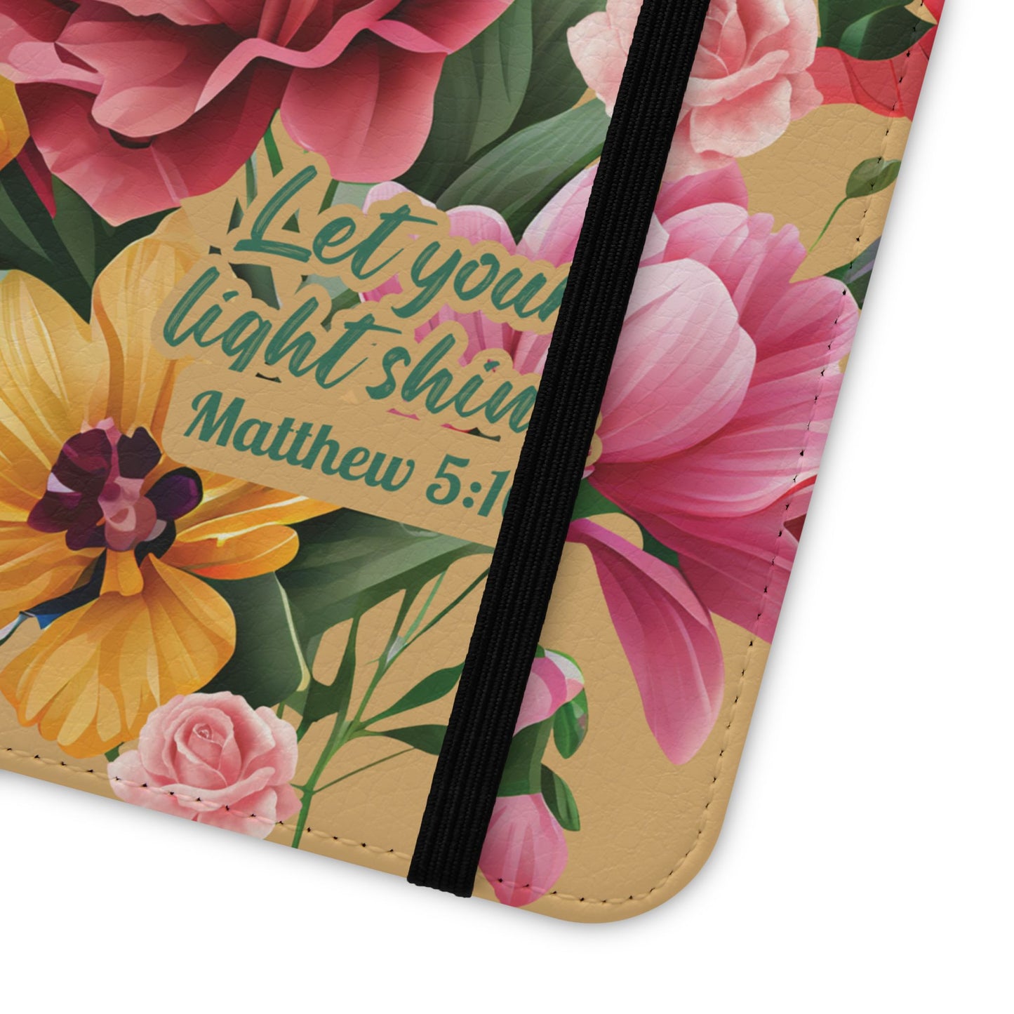 Floral Scripture Flip Case — "Let Your Light Shine" Wallet Phone Cover (Matthew 5:16)