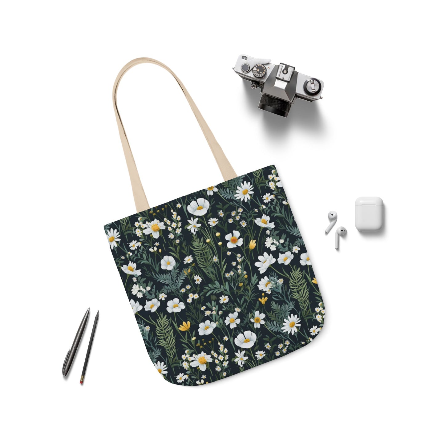 Daisy Delight Floral Canvas Tote Bag with 5-Color Straps | Eco-Friendly Shopping Bag