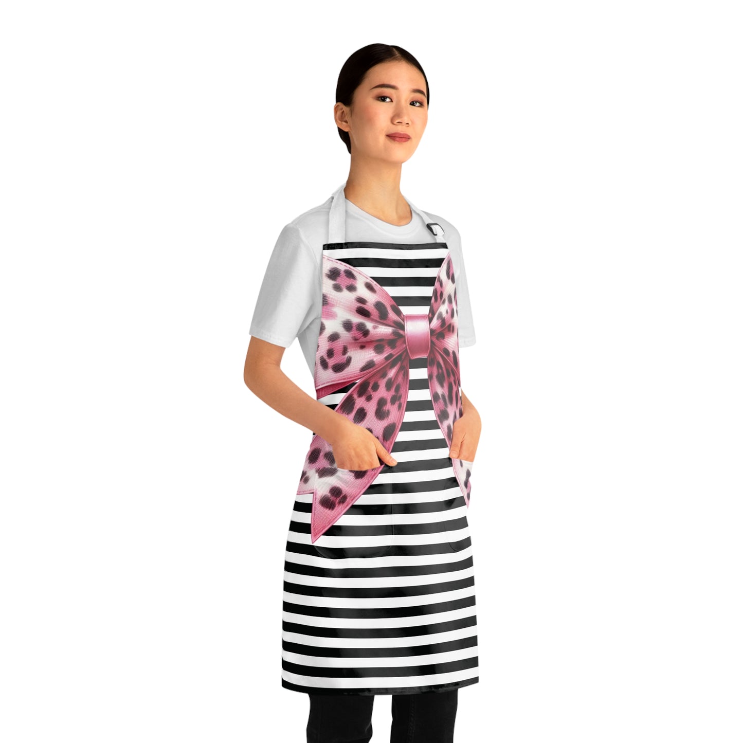 Striped Pink Animal Print Bow Grilling Apron with Tie Straps (AOP).