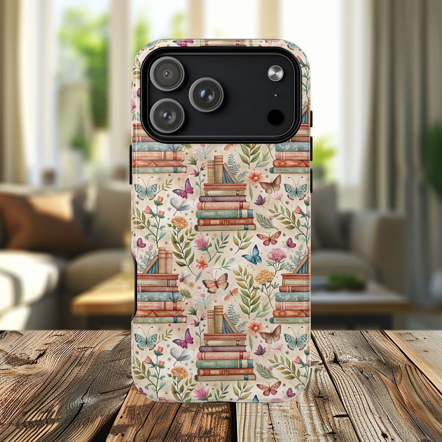 Colorful Bookworm Tough Magnetic iPhone Case,  Floral Butterfly Print, Gift for Readers, Tough IPhone Protective Cover, Bookish iPhone Case.