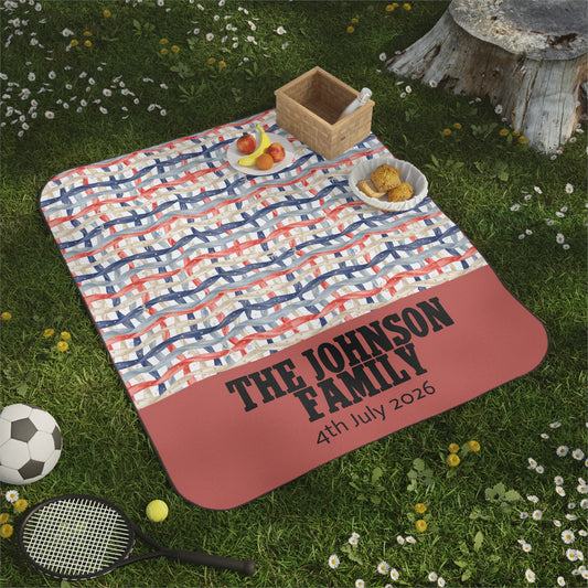 Personalized 4th of July Picnic Blanket — Americana Woven Flag Design, Custom Family Name & Date