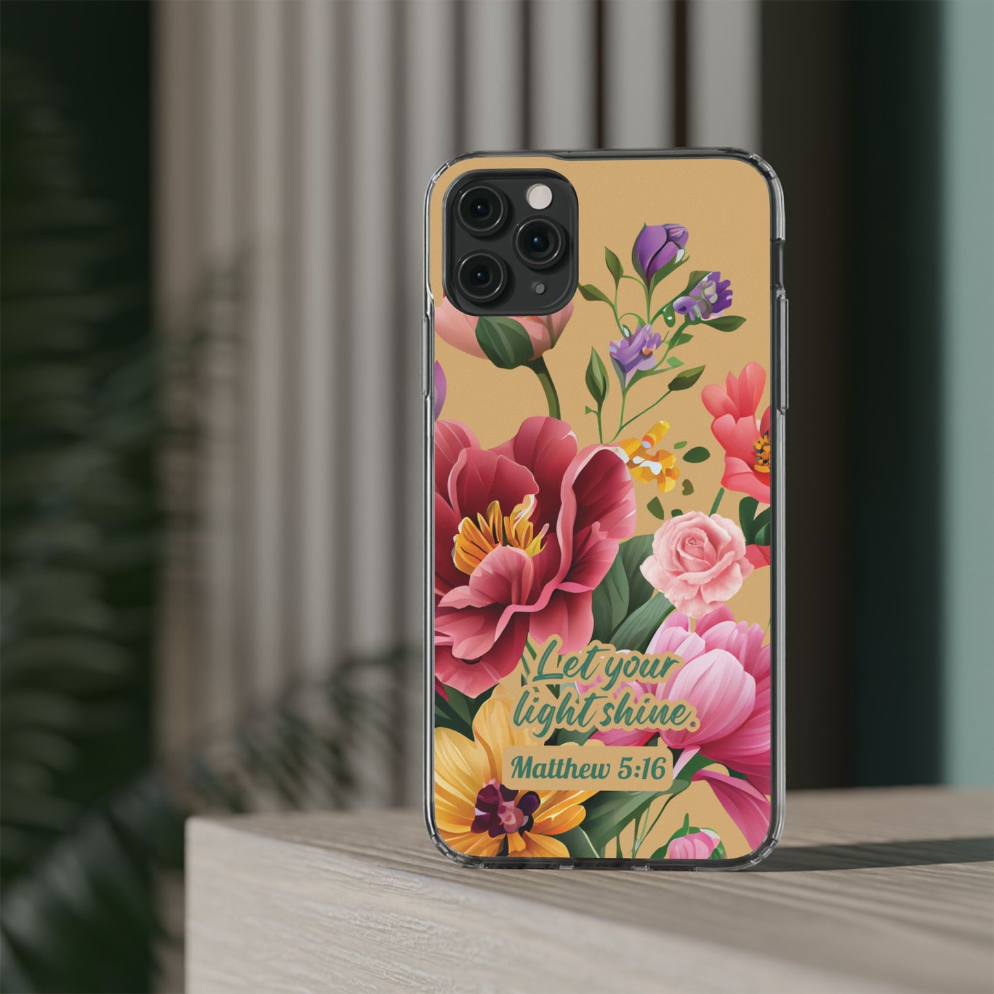 Clear Floral Bible Verse Phone Case — "Let Your Light Shine" (Matthew 5:16) for iPhone and Samsung Cases.