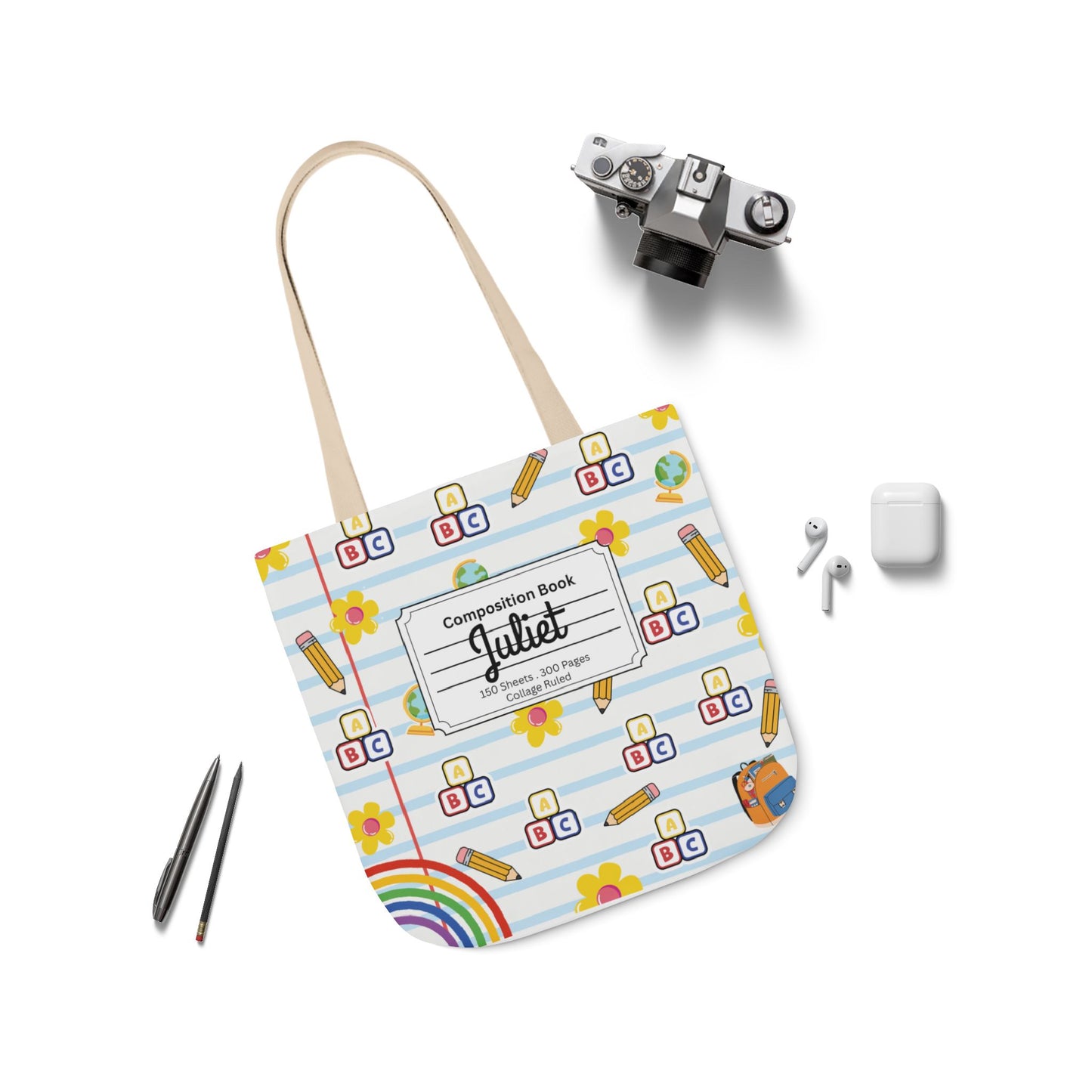 Personalized White Schoolyard Chic Composition Book Inspired Canvas Tote Bag with Colorful Straps, Cute School Bag, Eco-Friendly Tote, Back to School Shopping Bag, Teacher Gift Idea