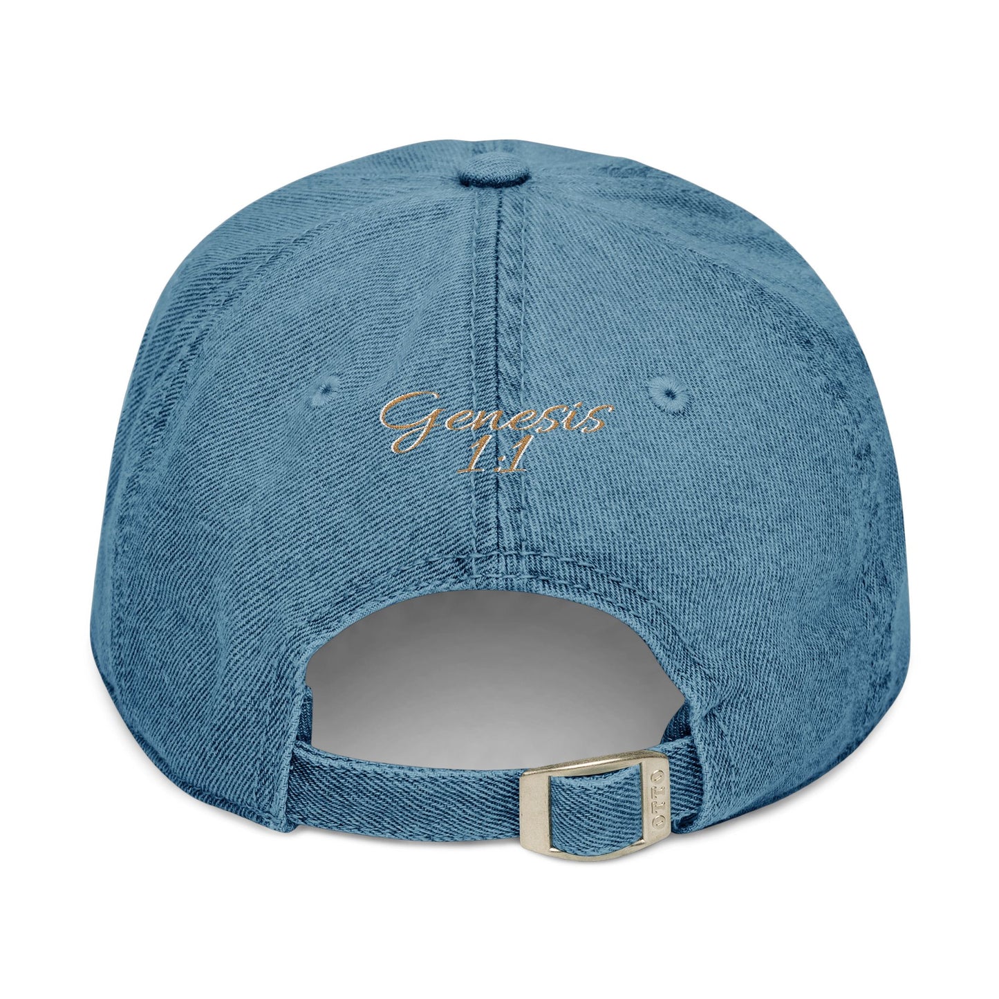 Denim 'ELOHIM, GENESIS 1:1' Hat (Embroidery), Stylish Casual Hat, Gift for Him/Her, Summer Accessory, Trendy Streetwear, Spiritual Fashion.