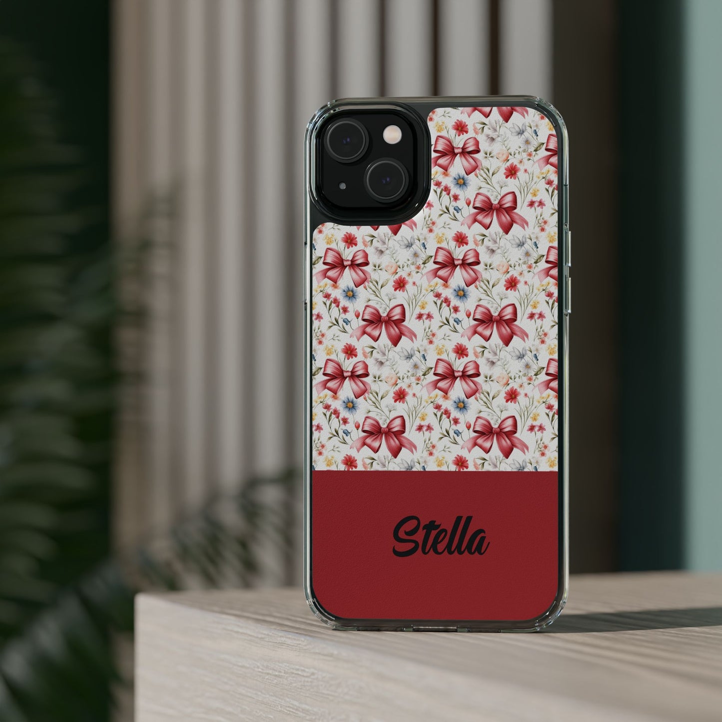 Personalized Rosette Coquette Floral Bow Clear iPhone, Samsung Cases — Custom Name Phone Cover