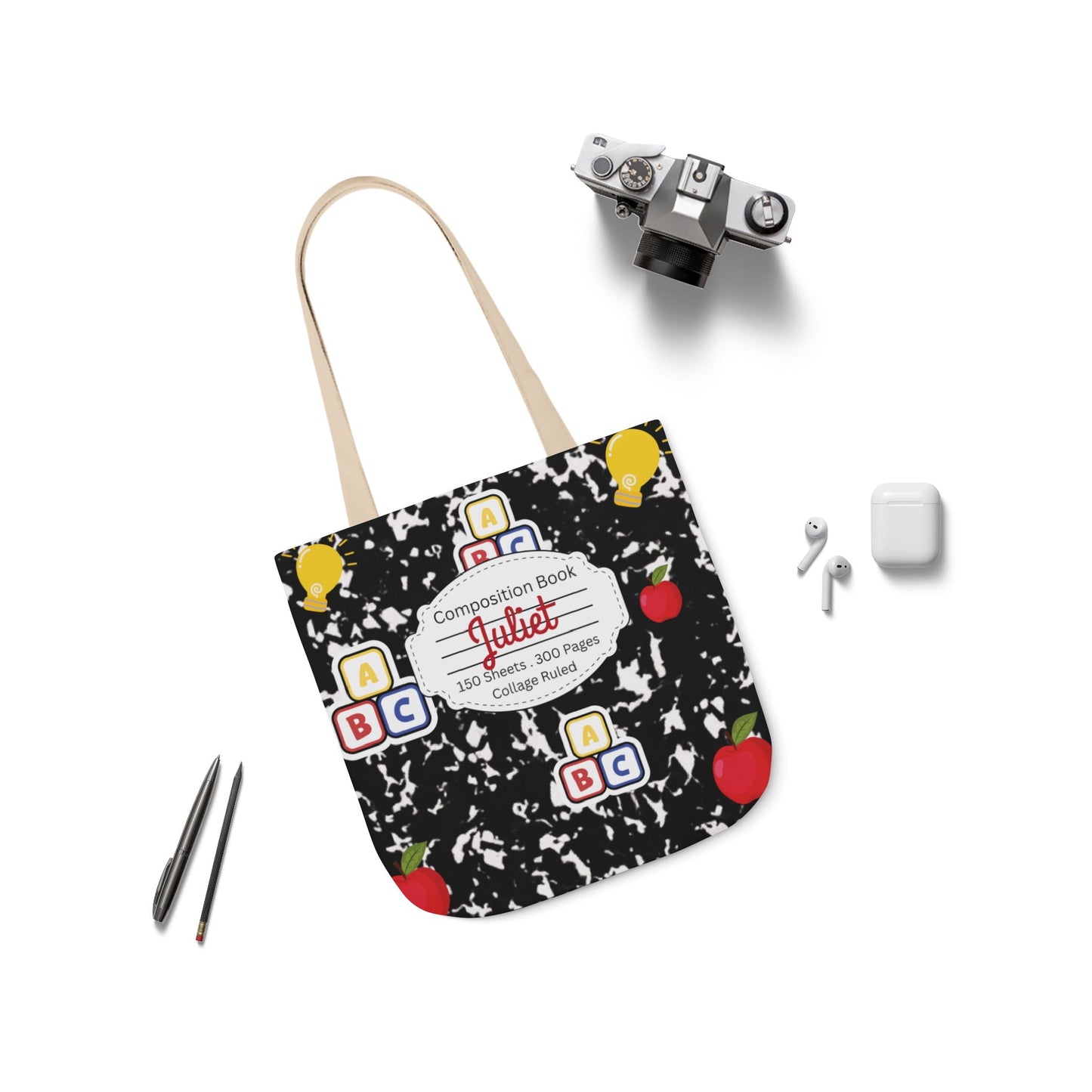 Personalized Black Composition Book Inspired Canvas Tote Bag with Colorful Straps, Cute School Bag, Eco-Friendly Tote, Back to School Shopping Bag, Teacher Gift Idea