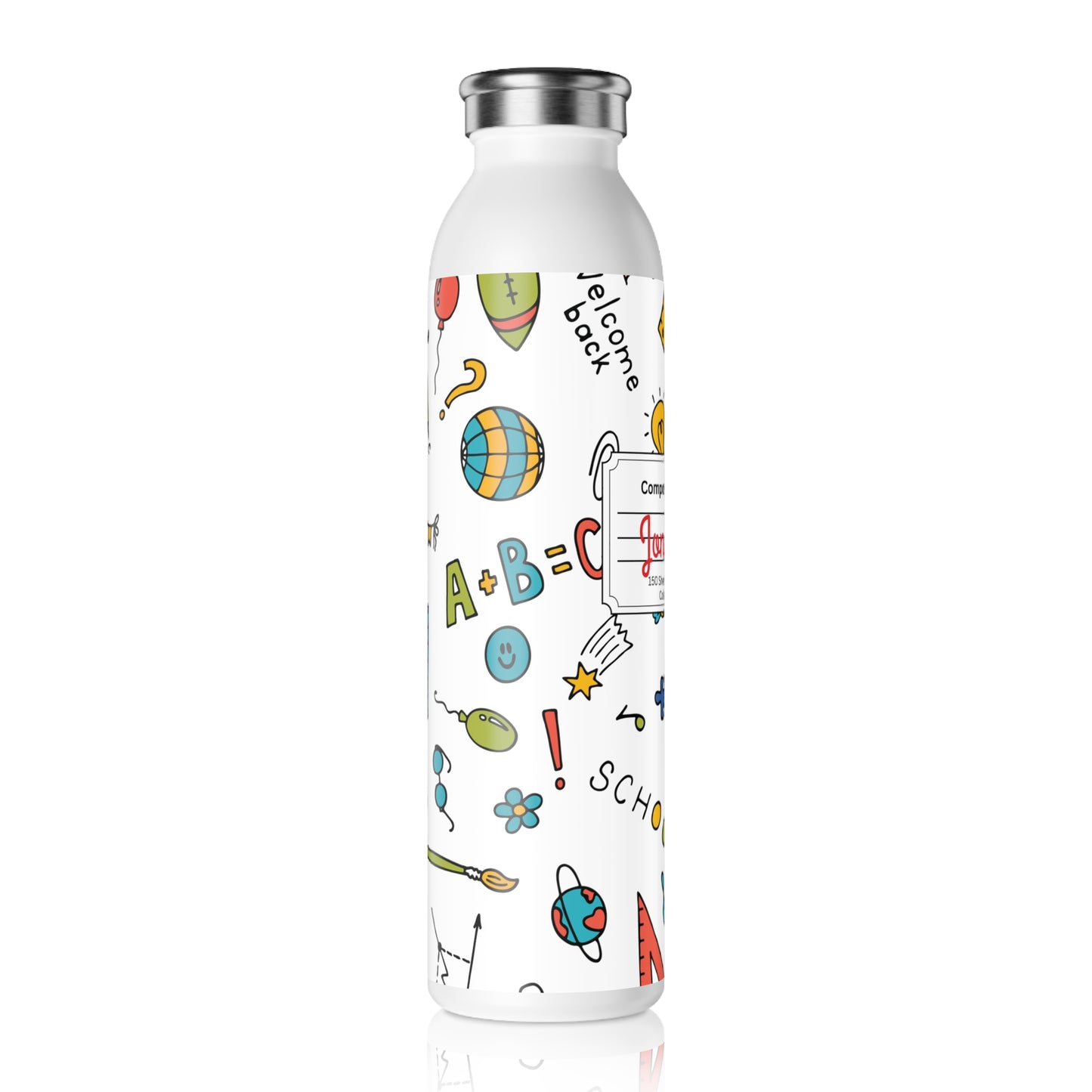Personalized Classroom Couture Composition Book Inspired Slim Water Bottle, Customizable Drinkware, Eco-Friendly Hydration Bottle, Perfect for Gifts, School Supplies, Back to School
