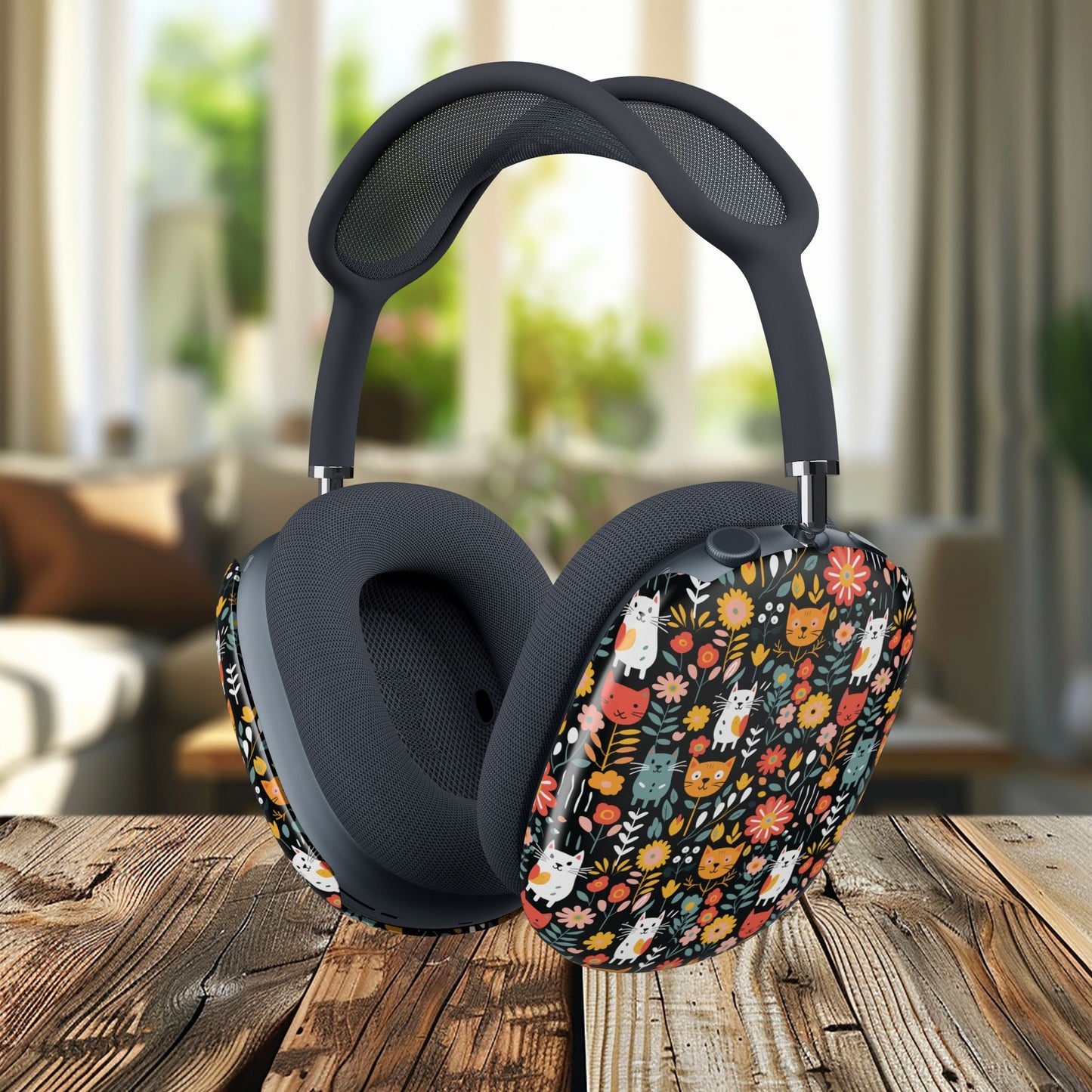 Whimsical Feline Garden AirPods Max Ear Cup Skins — Floral Cat Pattern Protective Shell