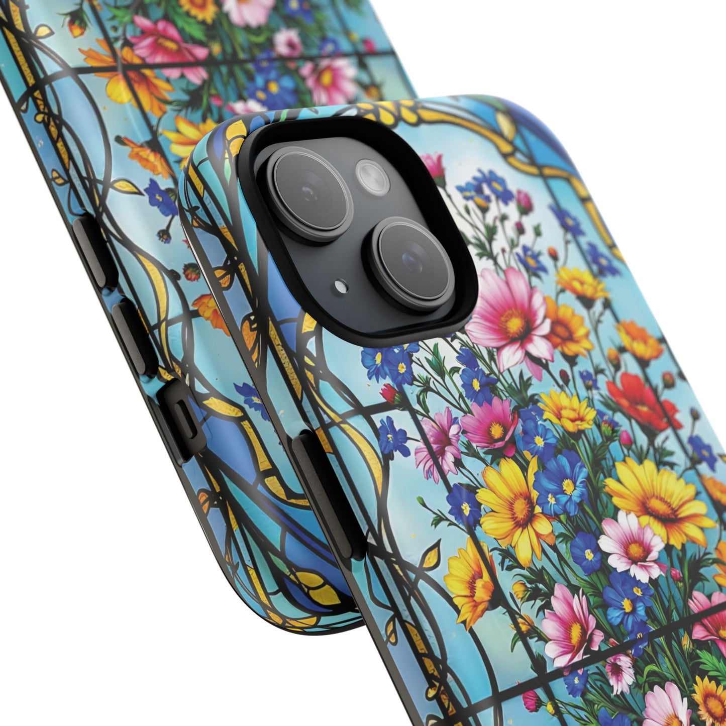 Floral Stained Glass Tough Magnetic Case, Durable Phone Cover, Gift for Nature Lovers, Unique Floral Design, Phone Accessories for All Occasions.